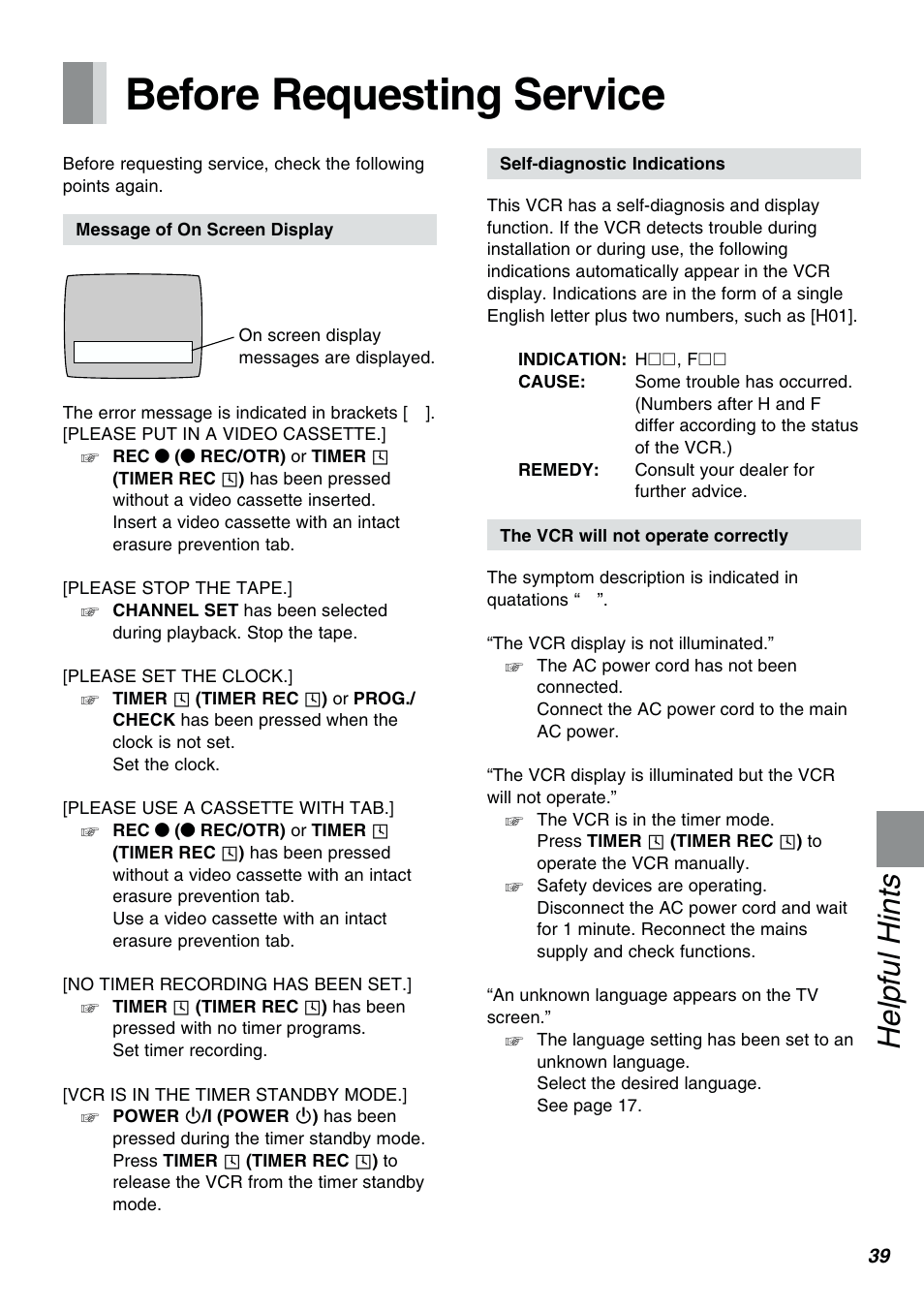 Before requesting service, Helpful hints | Panasonic NV-FJ610PMP User Manual | Page 39 / 43