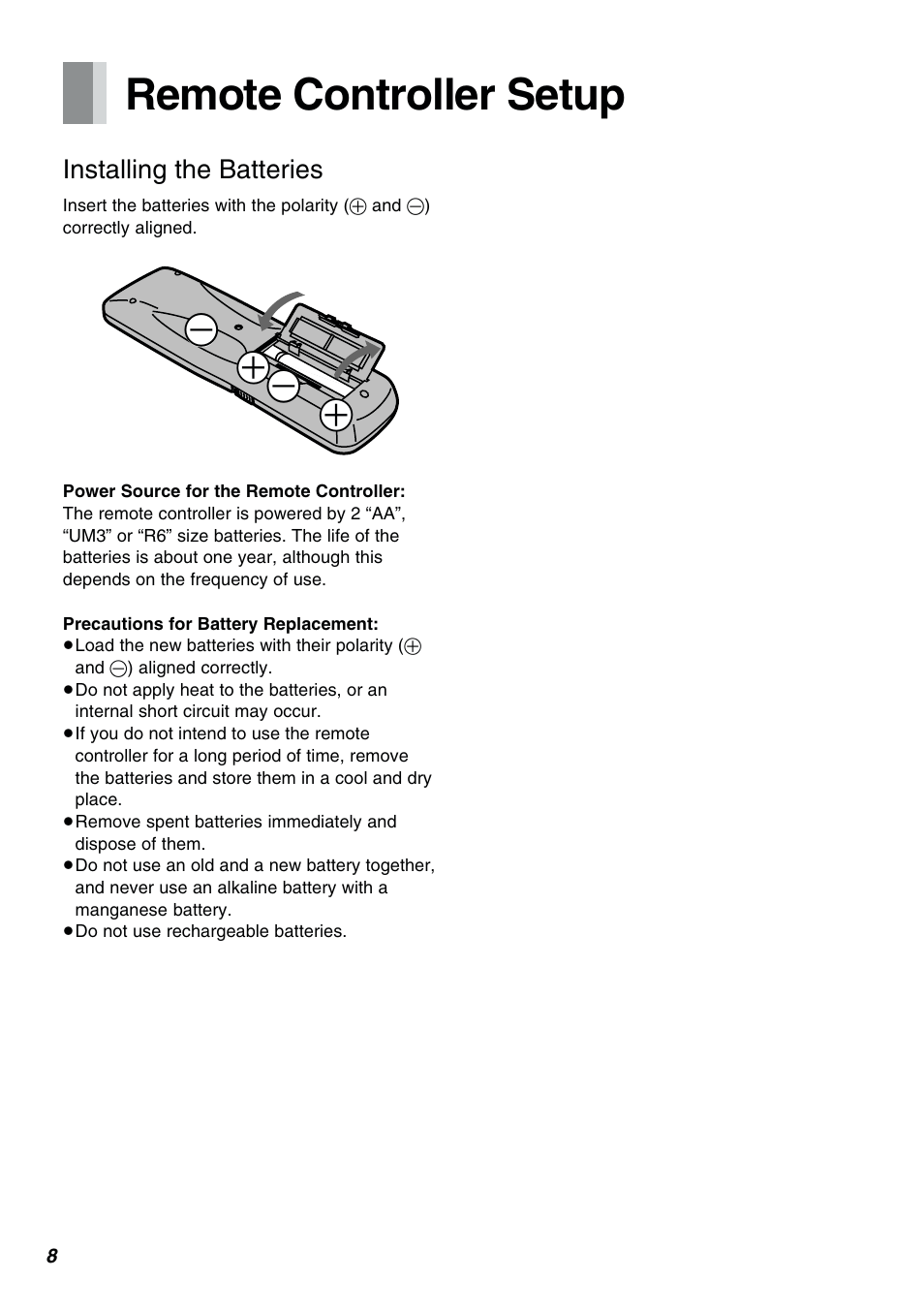 Remote controller setup, Installing the batteries | Panasonic NV-FJ610PMP User Manual | Page 8 / 43