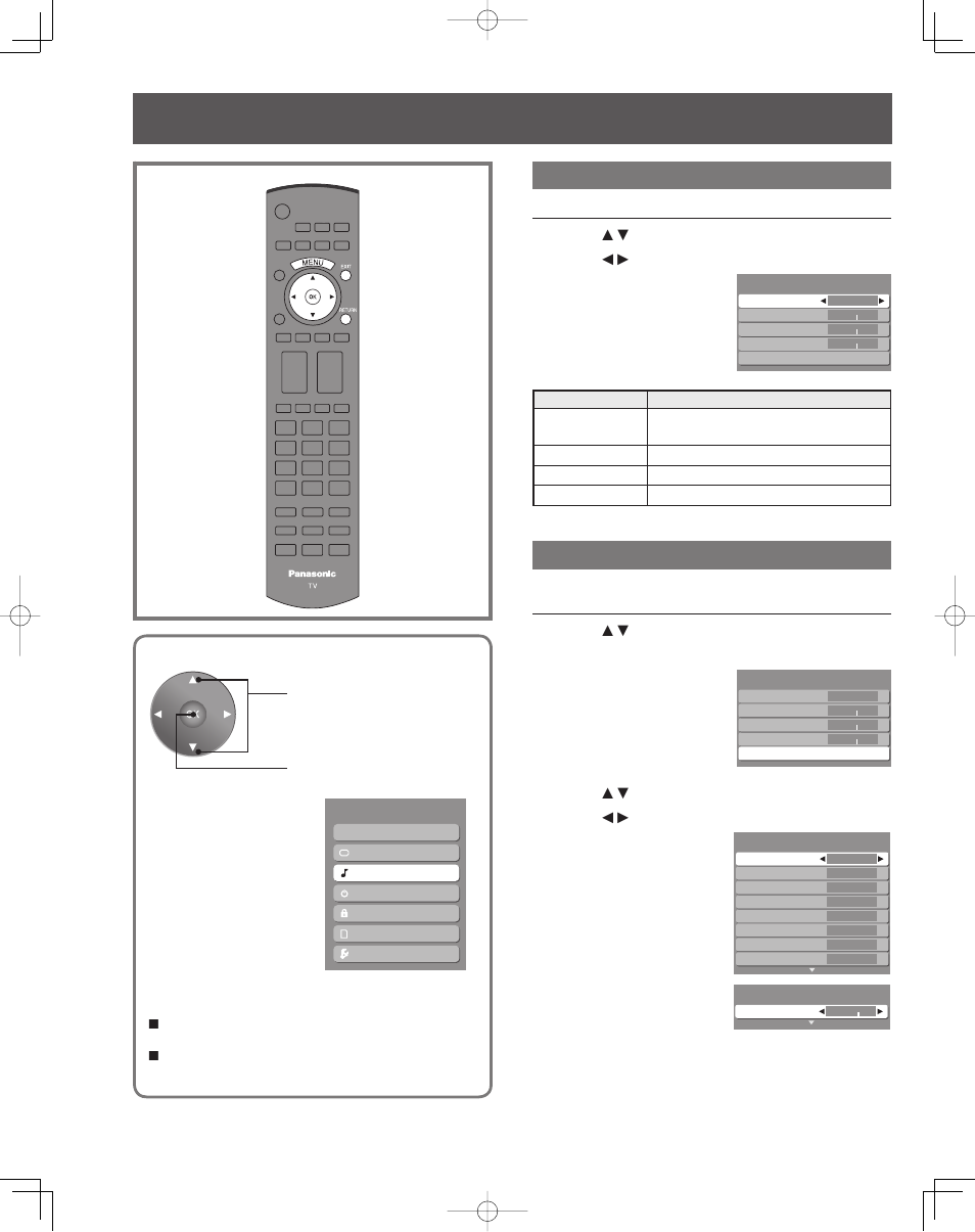 Audio adjustments, Audio ad just ments, Normal / bass / treble / balance | Other adjust | Panasonic PT-50LCZ70 User Manual | Page 38 / 68