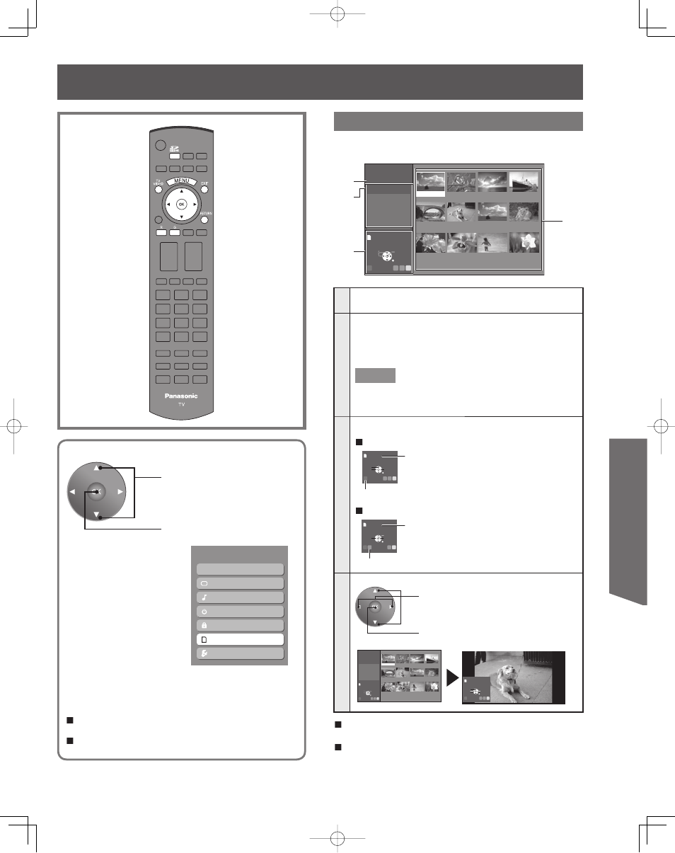 Advanced op er a tion, Photo viewer mode, Exit photo viewer | Return to the previous screen, Slide show mode, Single play mode, Press exit, Press return, Total, Information | Panasonic PT-50LCZ70 User Manual | Page 47 / 68