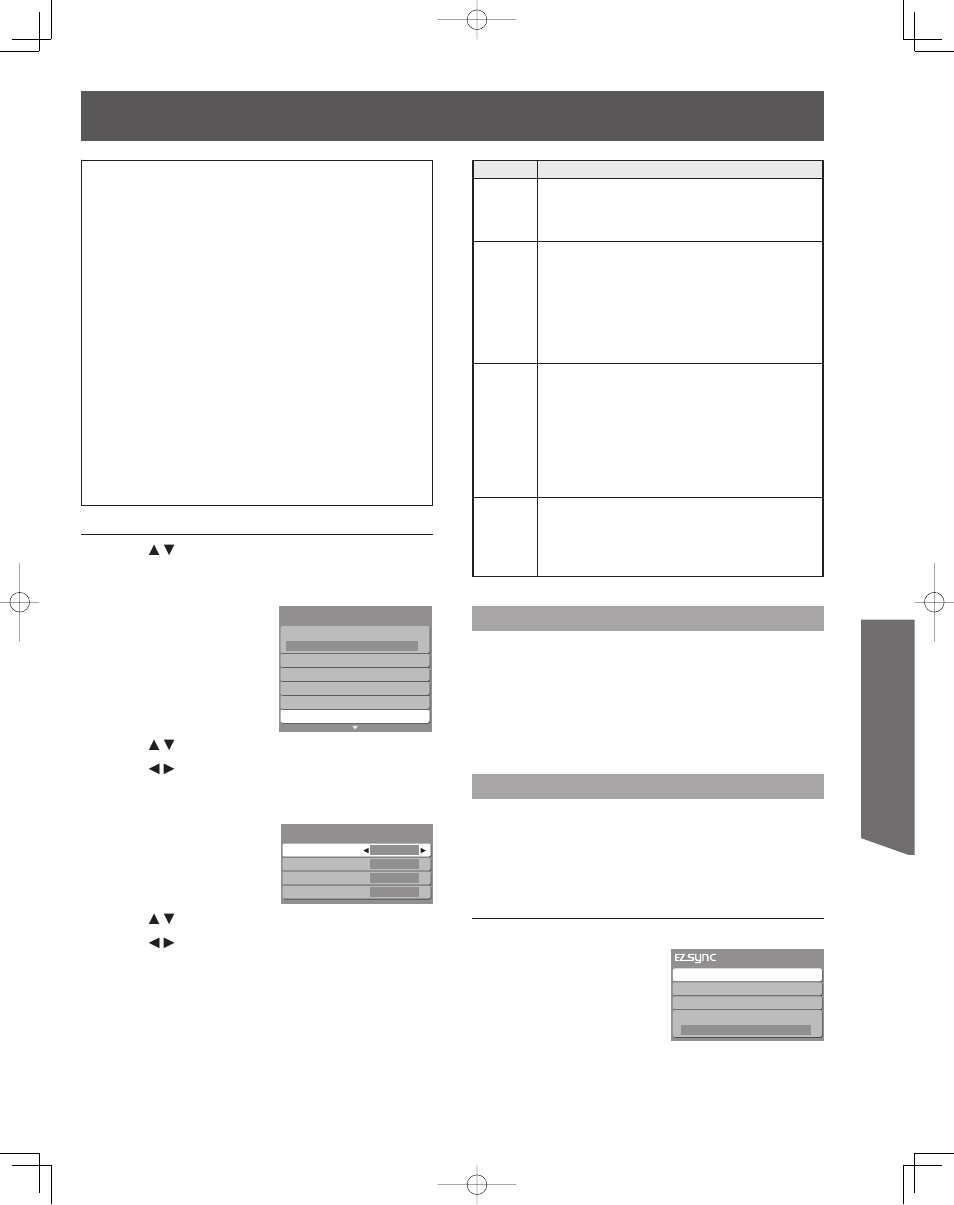 Advanced op er a tion, Automatic input switching, Speaker control | Press ez sync to display the ez sync menu | Panasonic PT-50LCZ70 User Manual | Page 53 / 68