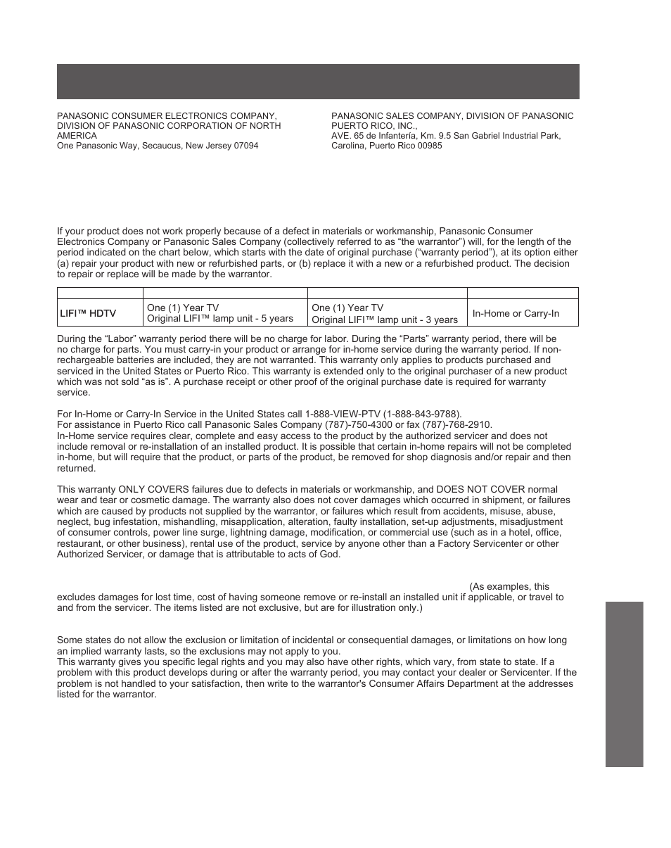 Limited warranty (for u.s.a.), Panasonic lifi™ hdtv limited warranty, Information | Panasonic PT-50LCZ70 User Manual | Page 65 / 68