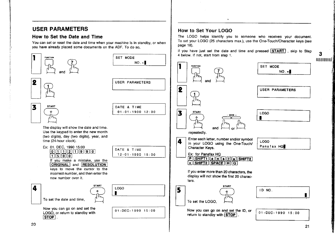 How to set the date and time, How to set your logo, User parameters | Panasonic Panafax UF-160 User Manual | Page 12 / 69