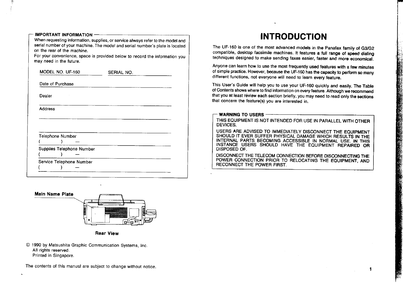 Introduction | Panasonic Panafax UF-160 User Manual | Page 2 / 69