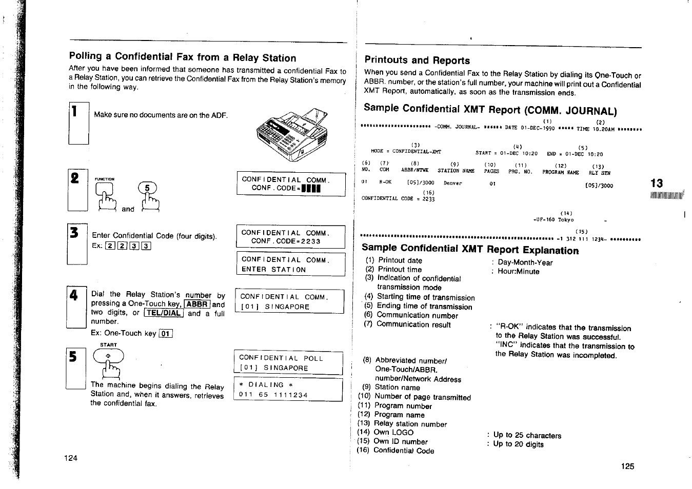 Polling a confidential fax from a relay station, Printouts and reports, Sample confidential xmt report (comm. journal) | Sample confidential xmt, Report explanation | Panasonic Panafax UF-160 User Manual | Page 64 / 69