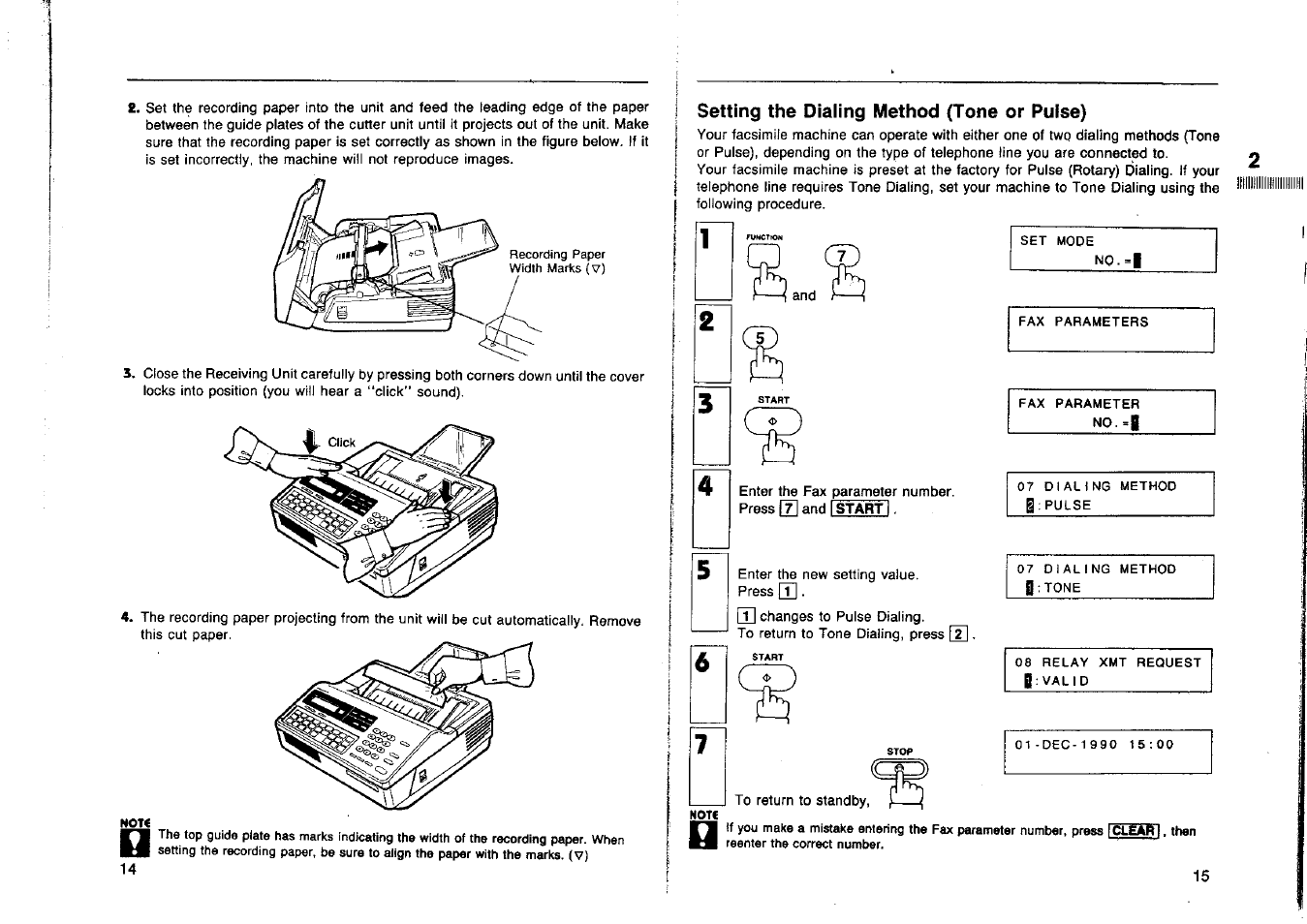 Setting the dialing method (tone or pulse) | Panasonic Panafax UF-160 User Manual | Page 9 / 69