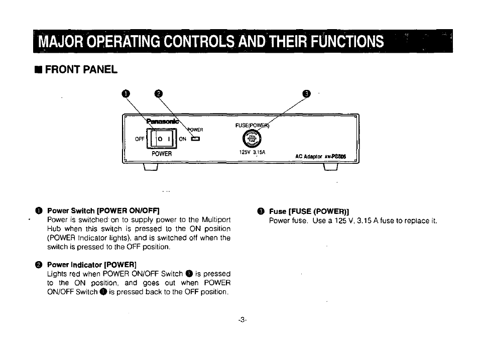 O power switch [power on/off, E fuse [fuse (power), 0 power indicator [power | Major operating controls and their functions, Front panel | Panasonic AW-PS505 User Manual | Page 5 / 8