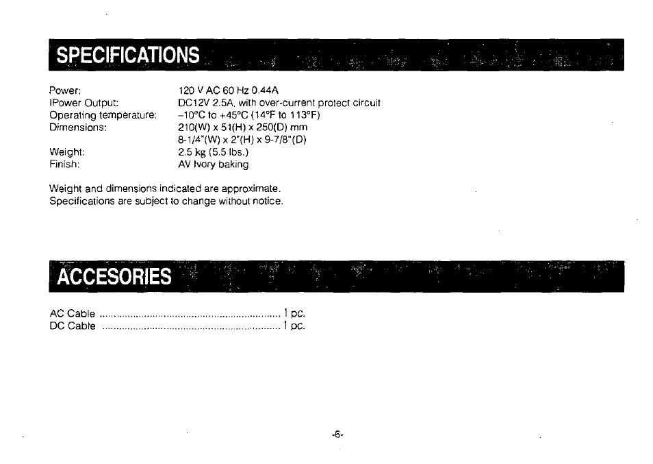 Specifications, Àccesories | Panasonic AW-PS505 User Manual | Page 8 / 8