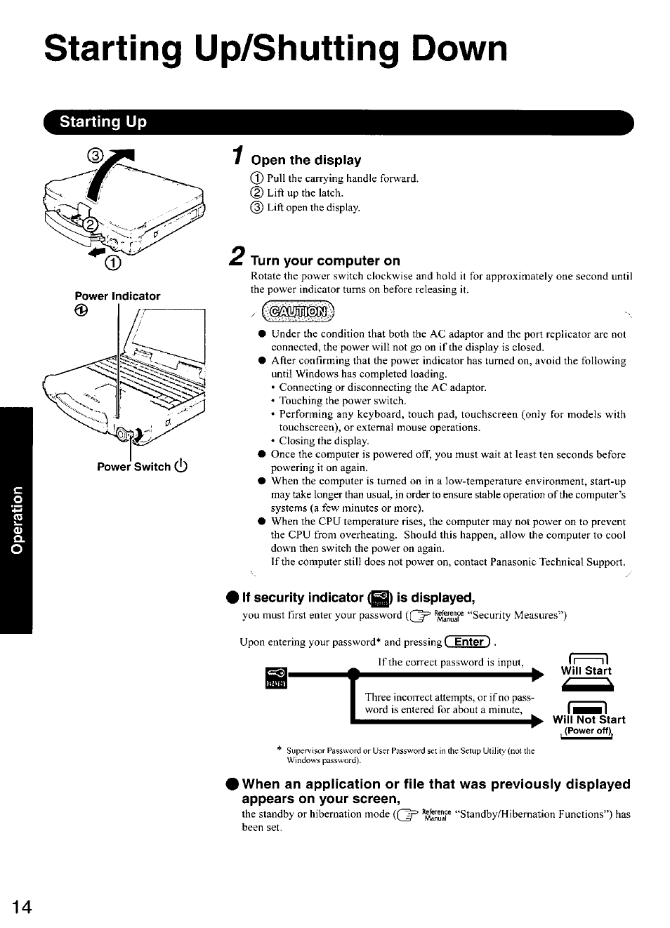 Starting up/shutting down, Starting up, Open the display | Turn your computer on, If security indicator (g) is displayed | Panasonic CF-28 User Manual | Page 14 / 36