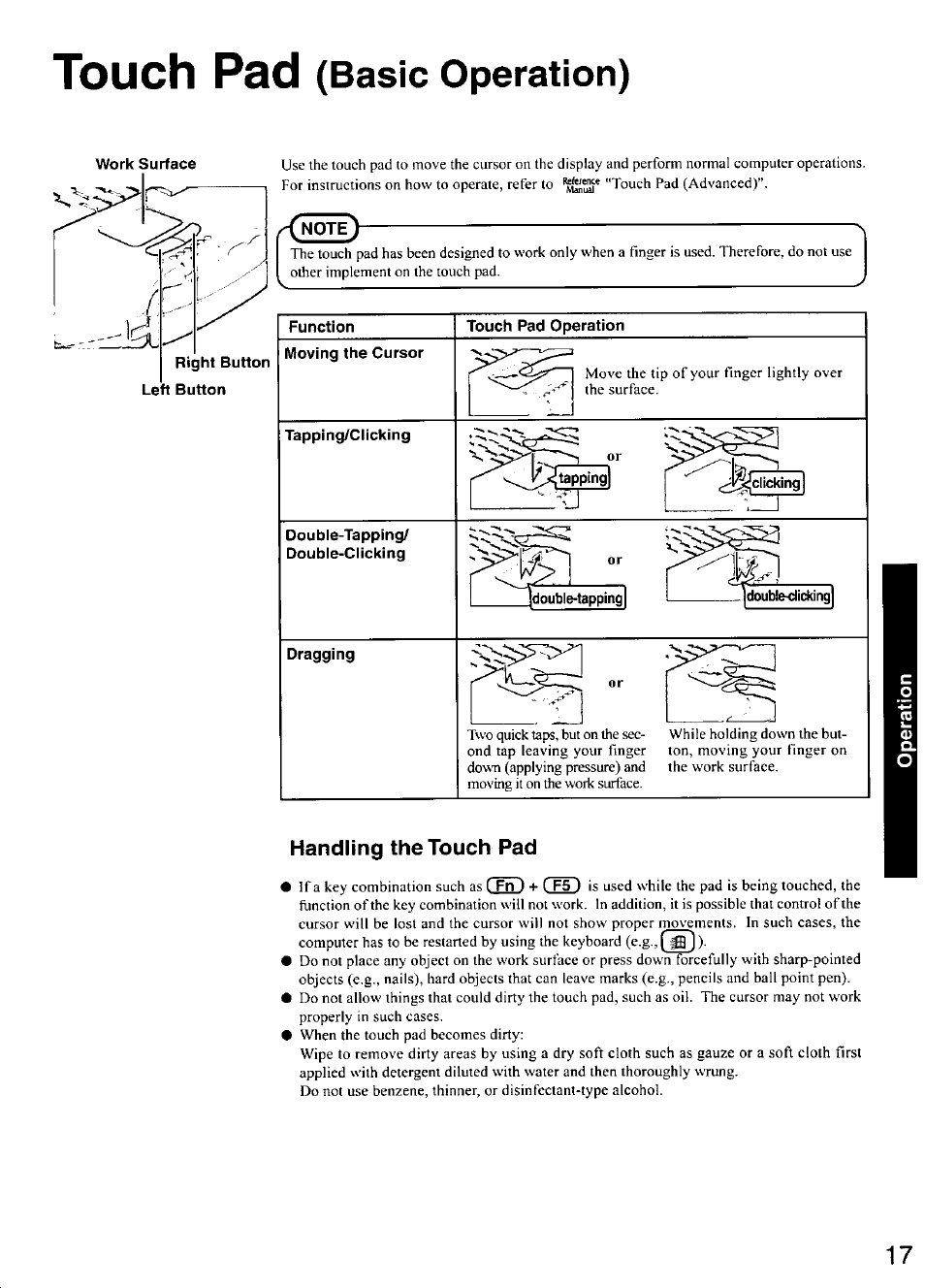 Touch pad (basic operation), Handling the touch pad, Touch pad | Basic operation) | Panasonic CF-28 User Manual | Page 17 / 36