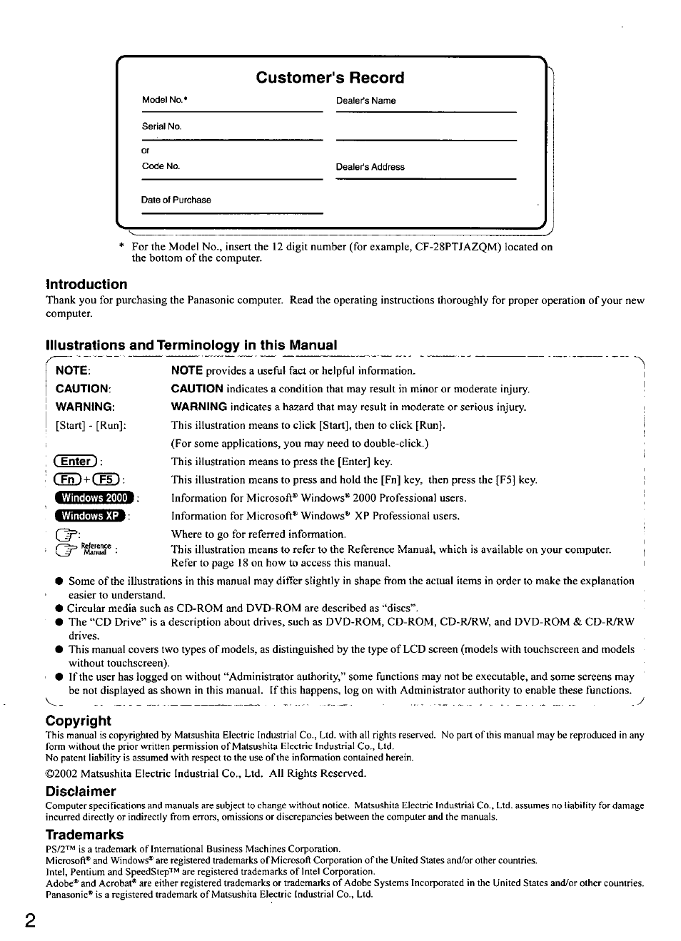 Introduction, Illustrations and terminology in this manual, Copyright | Disclaimer, Trademarks, Customer's record | Panasonic CF-28 User Manual | Page 2 / 36