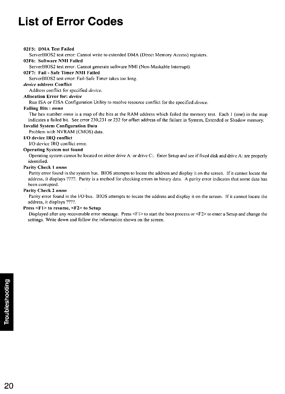 List of error codes | Panasonic CF-28 User Manual | Page 20 / 36