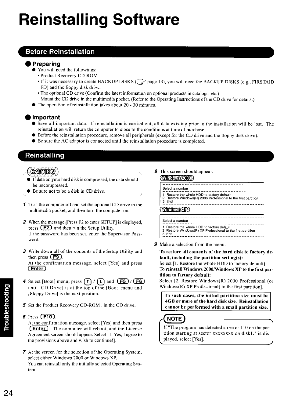 Reinstalling software, Before reinstallation, Preparing | Important, Reinstalling, Anote | Panasonic CF-28 User Manual | Page 24 / 36