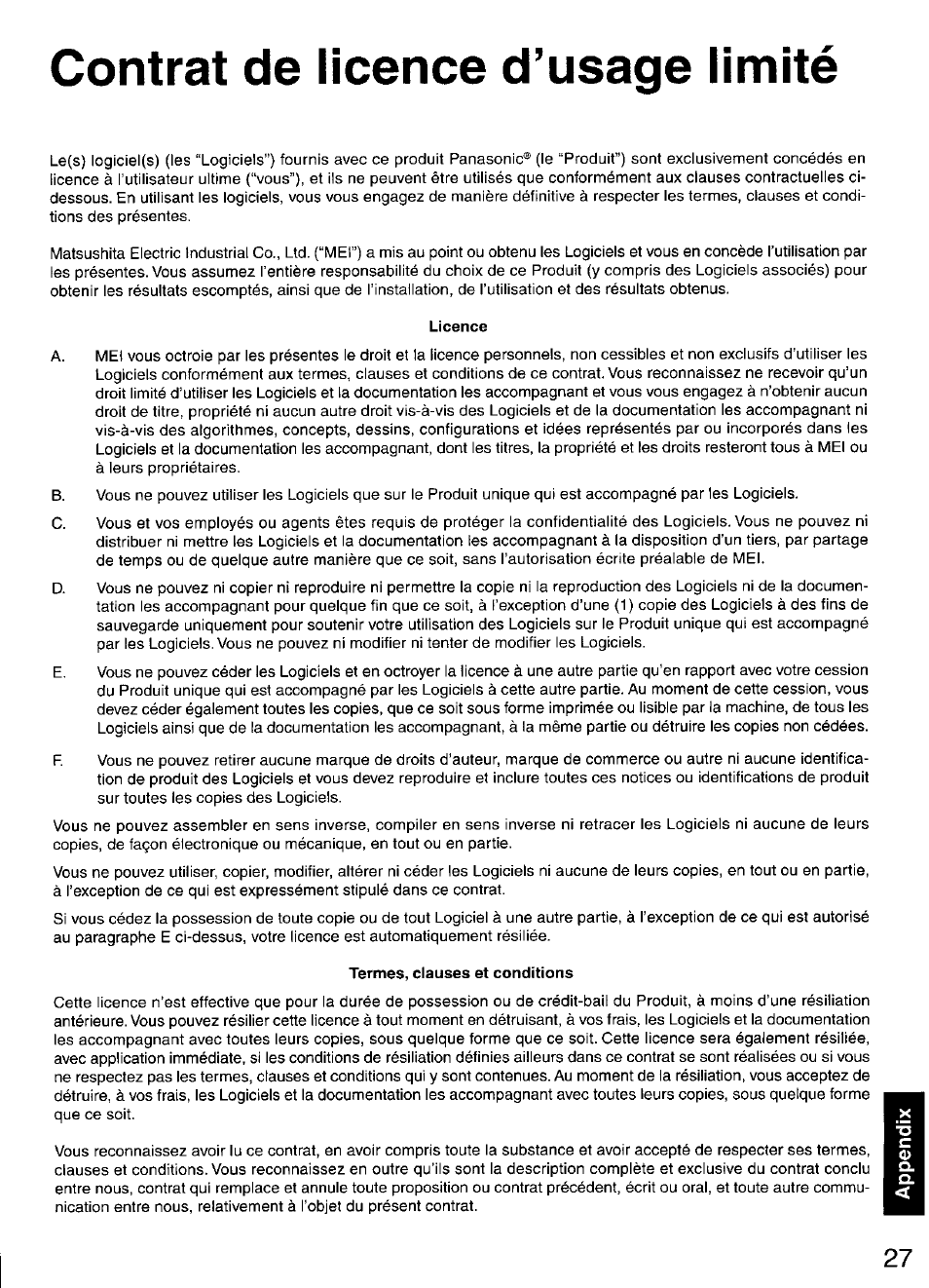 Contrat de licence d’usage limité, Licence, Termes, clauses et conditions | Panasonic CF-28 User Manual | Page 27 / 36