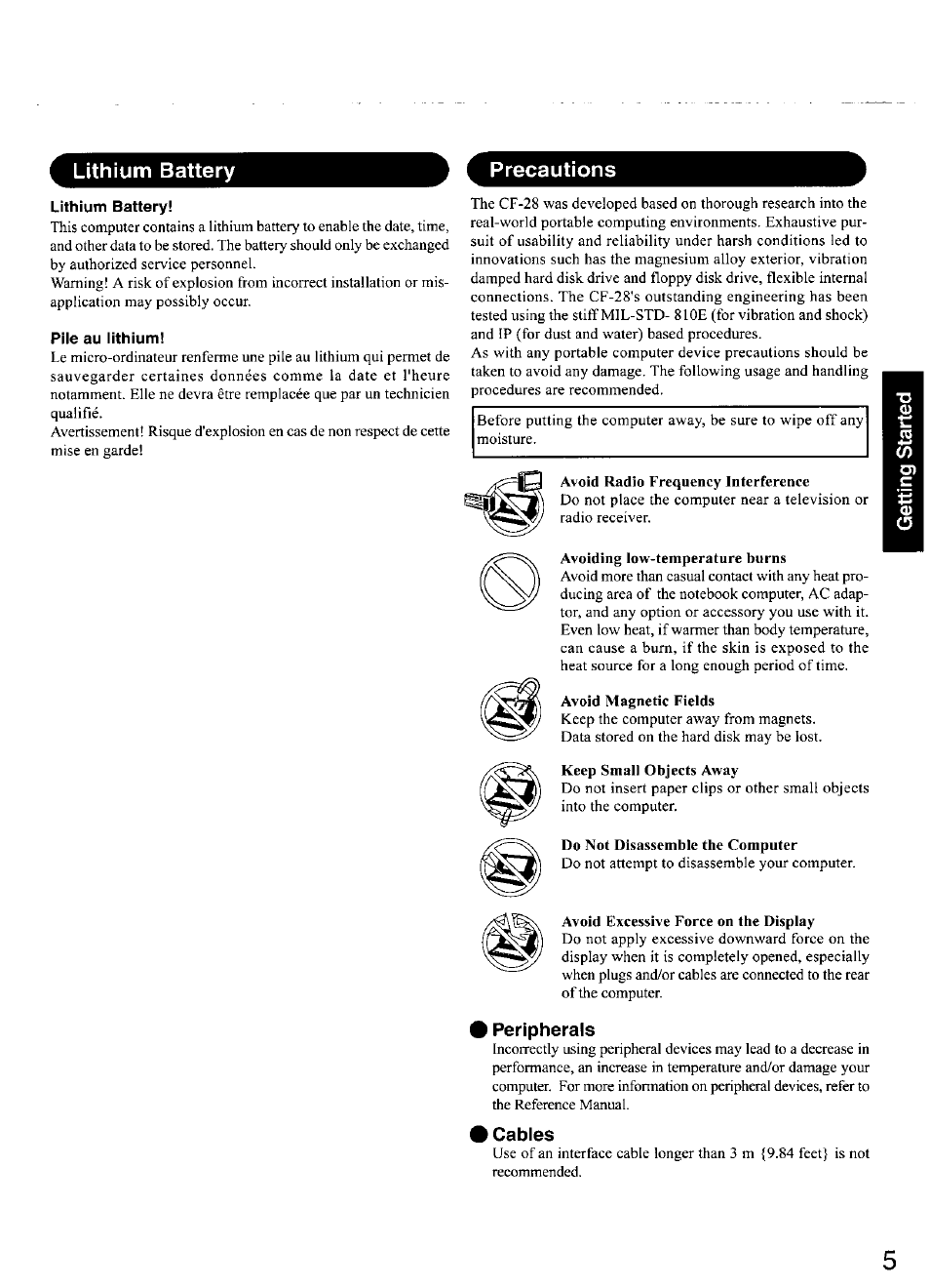 Lithium battery, Pile au lithium, Peripherals | Cables, Lithium battery precautions | Panasonic CF-28 User Manual | Page 5 / 36