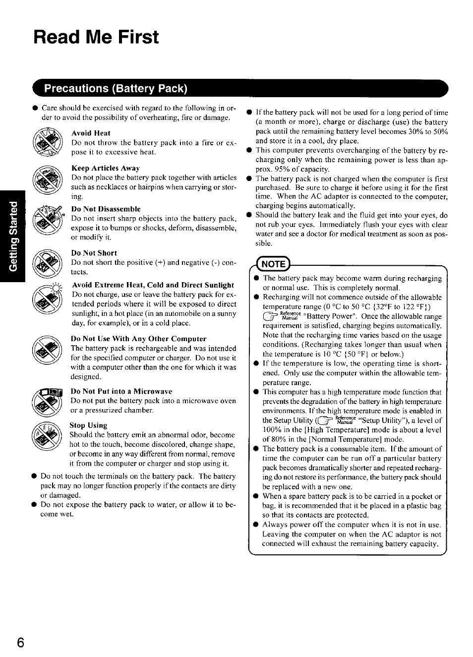 Precautions (battery pack), Read me first | Panasonic CF-28 User Manual | Page 6 / 36