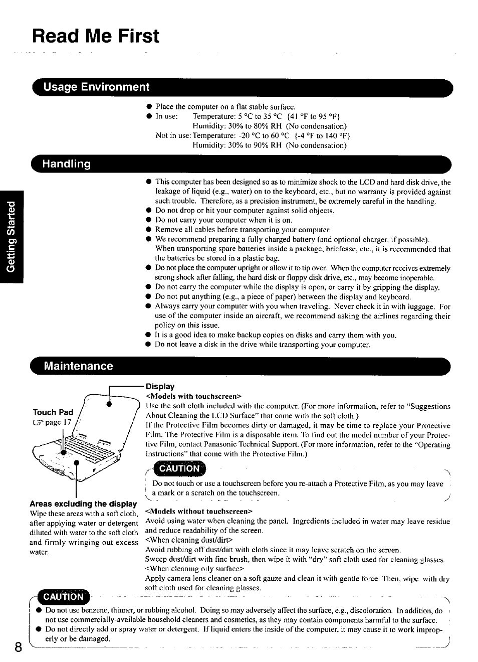 Read me first, Usage environment, Handling | Maintenance, Display, Usage environment handling | Panasonic CF-28 User Manual | Page 8 / 36