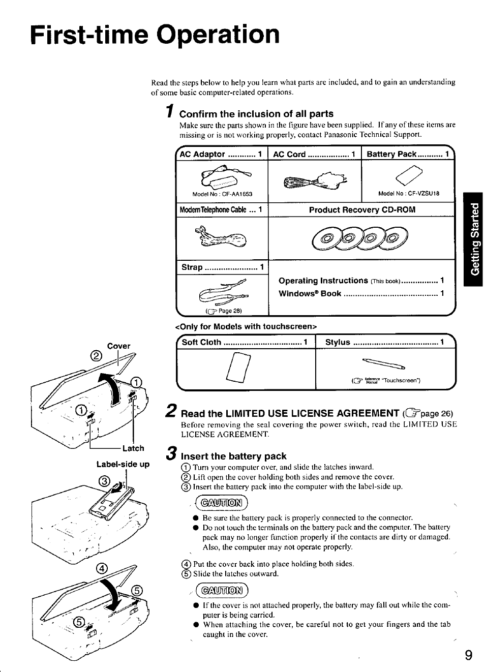 First-time operation, Confirm the inclusion of all parts, Only for models with touchscreen | Insert the battery pack | Panasonic CF-28 User Manual | Page 9 / 36
