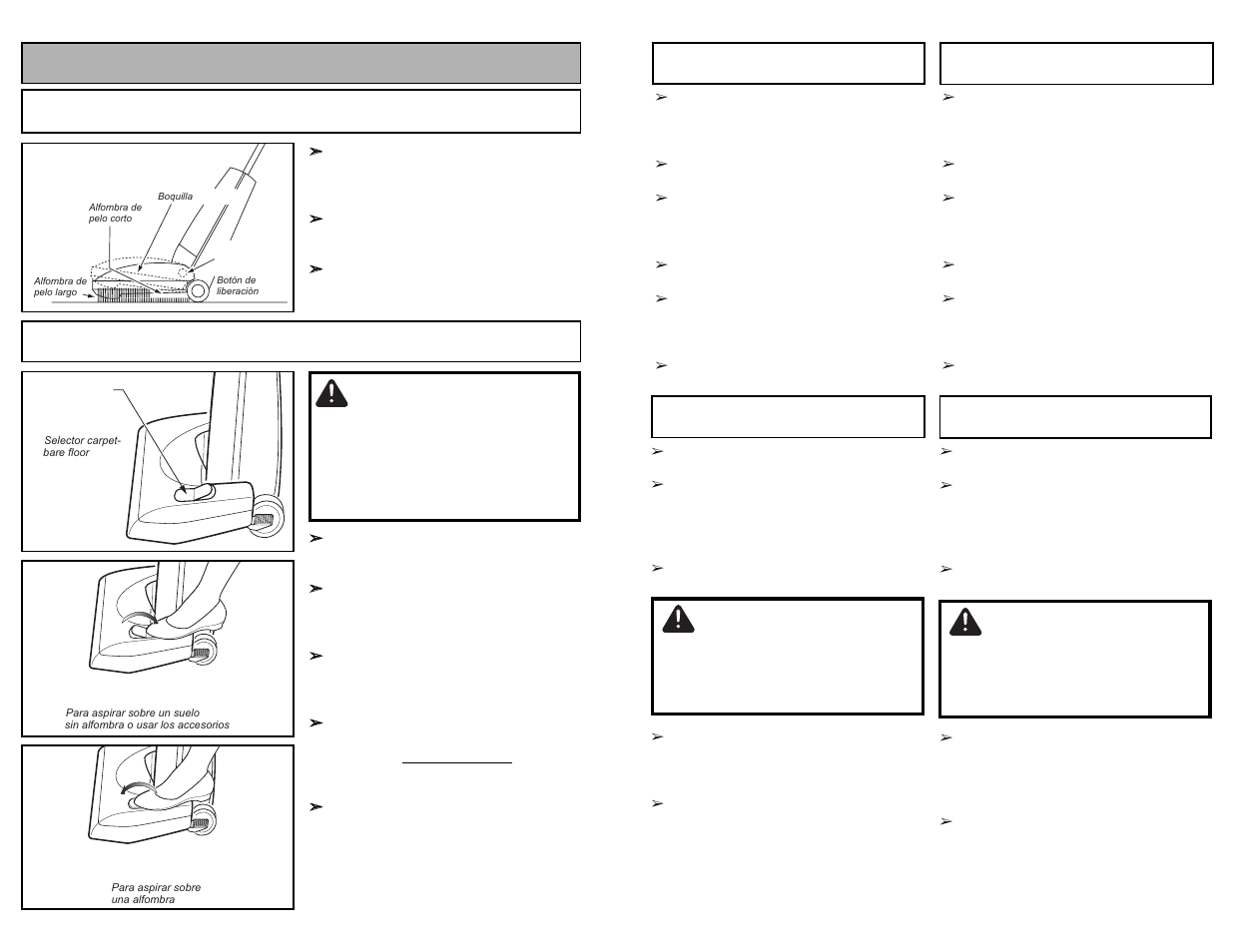 Features, Características, Warning | Attention, Cuidado, Automatic self adjusting nozzle, Carpet-bare floor selector | Panasonic MC-UG509 User Manual | Page 16 / 48