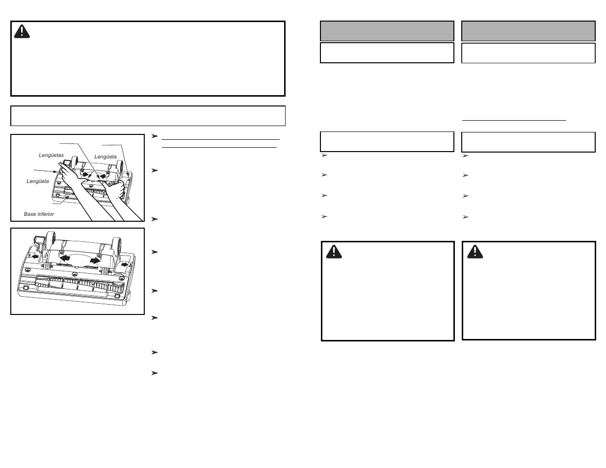 Warning, Attention, Cuidado | Para operar la aspiradora fonctionnement, Removing and installing lower plate | Panasonic MC-UG509 User Manual | Page 28 / 48