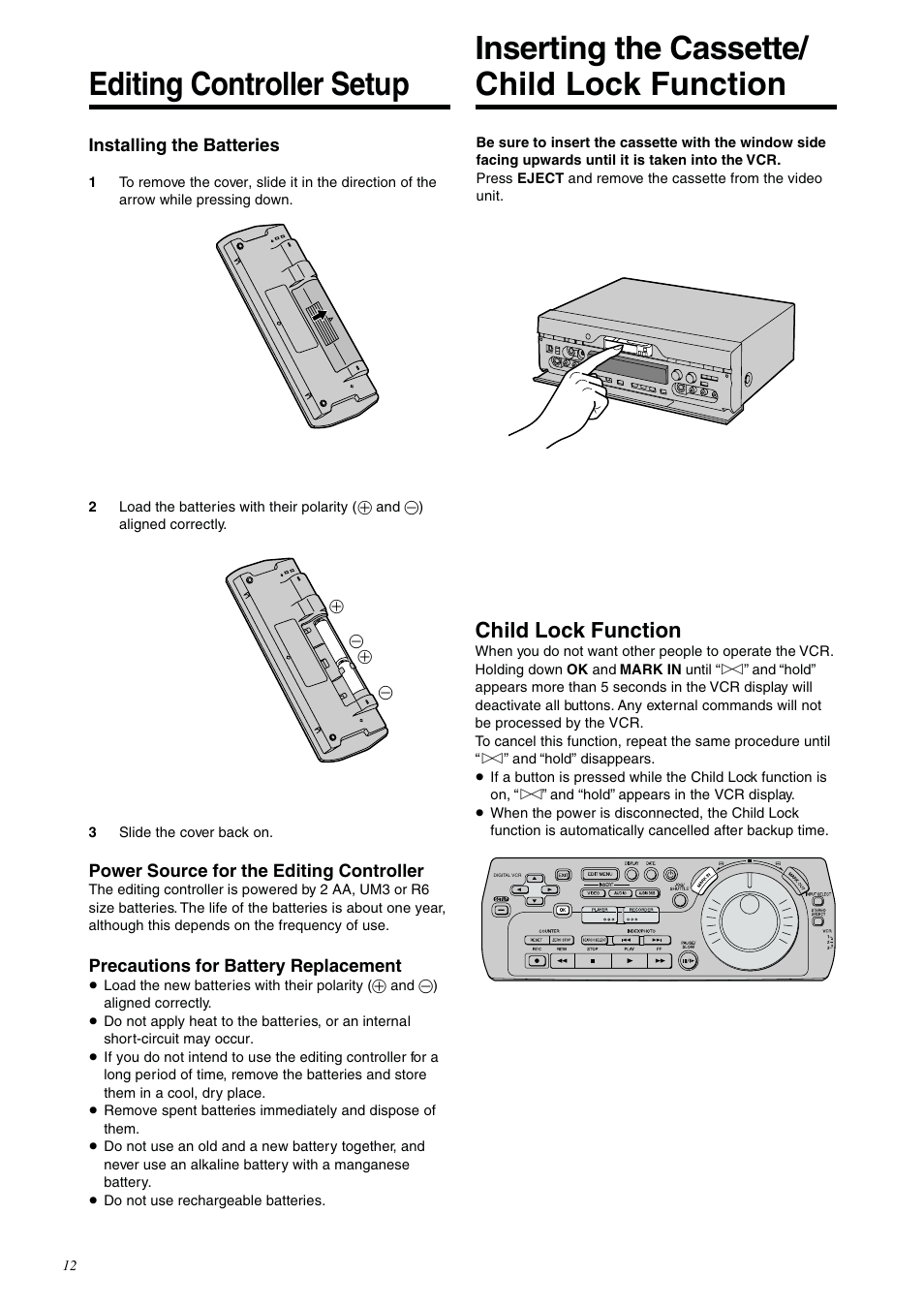 Editing controller setup, Inserting the cassette/child lock function, Inserting the cassette/ child lock function | Child lock function | Panasonic NV-DV2000EC User Manual | Page 12 / 68