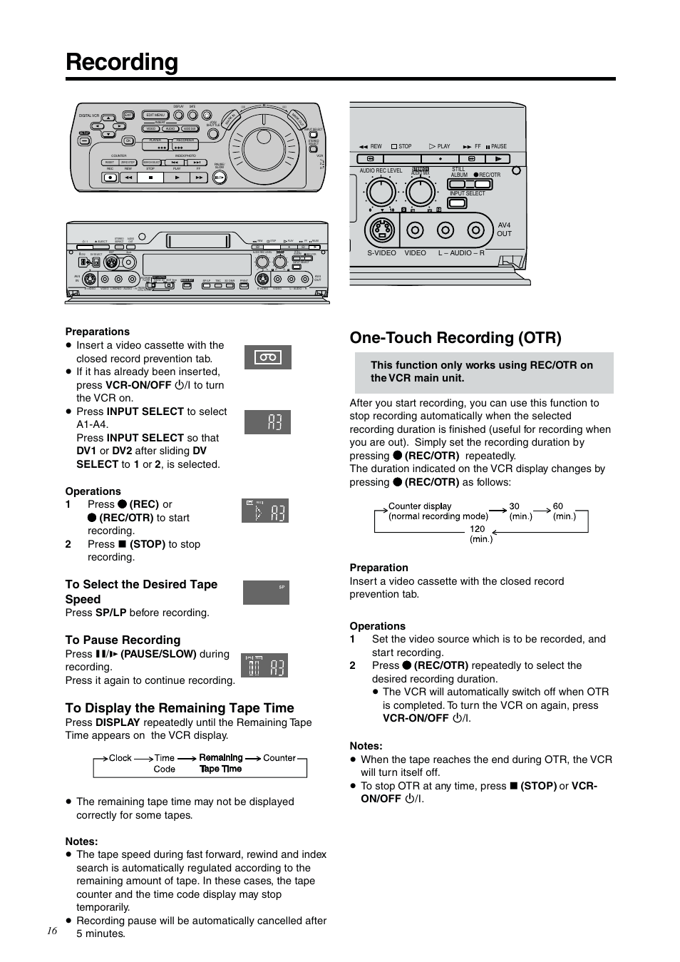 Recording / one-touch recording (otr), Recording, One-touch recording (otr) | Press sp/lp before recording | Panasonic NV-DV2000EC User Manual | Page 16 / 68
