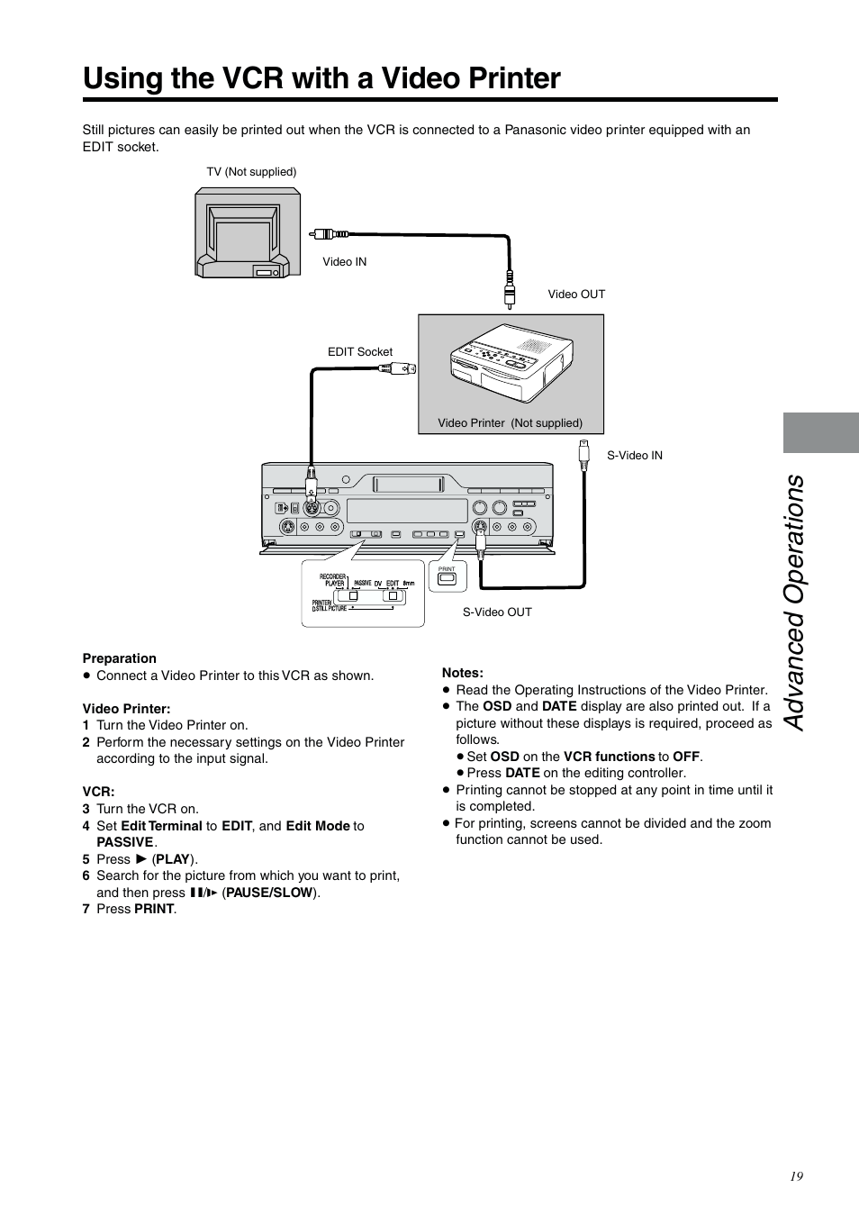 Using the vcr with a video printer, Advanced operations | Panasonic NV-DV2000EC User Manual | Page 19 / 68