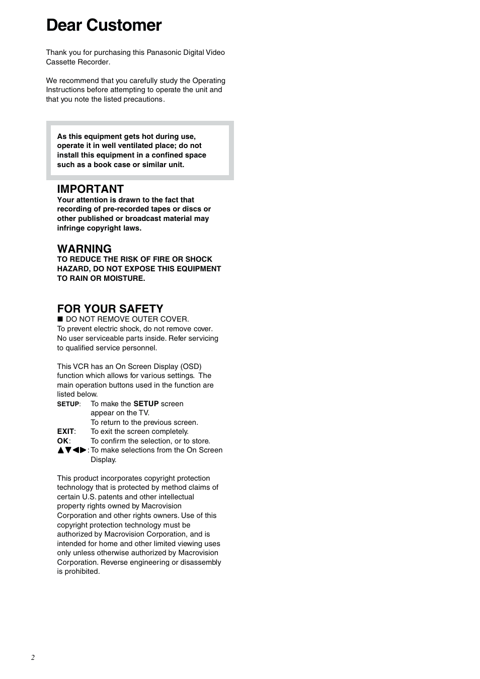 Introduction, For your safety, Dear customer | Important, Warning | Panasonic NV-DV2000EC User Manual | Page 2 / 68