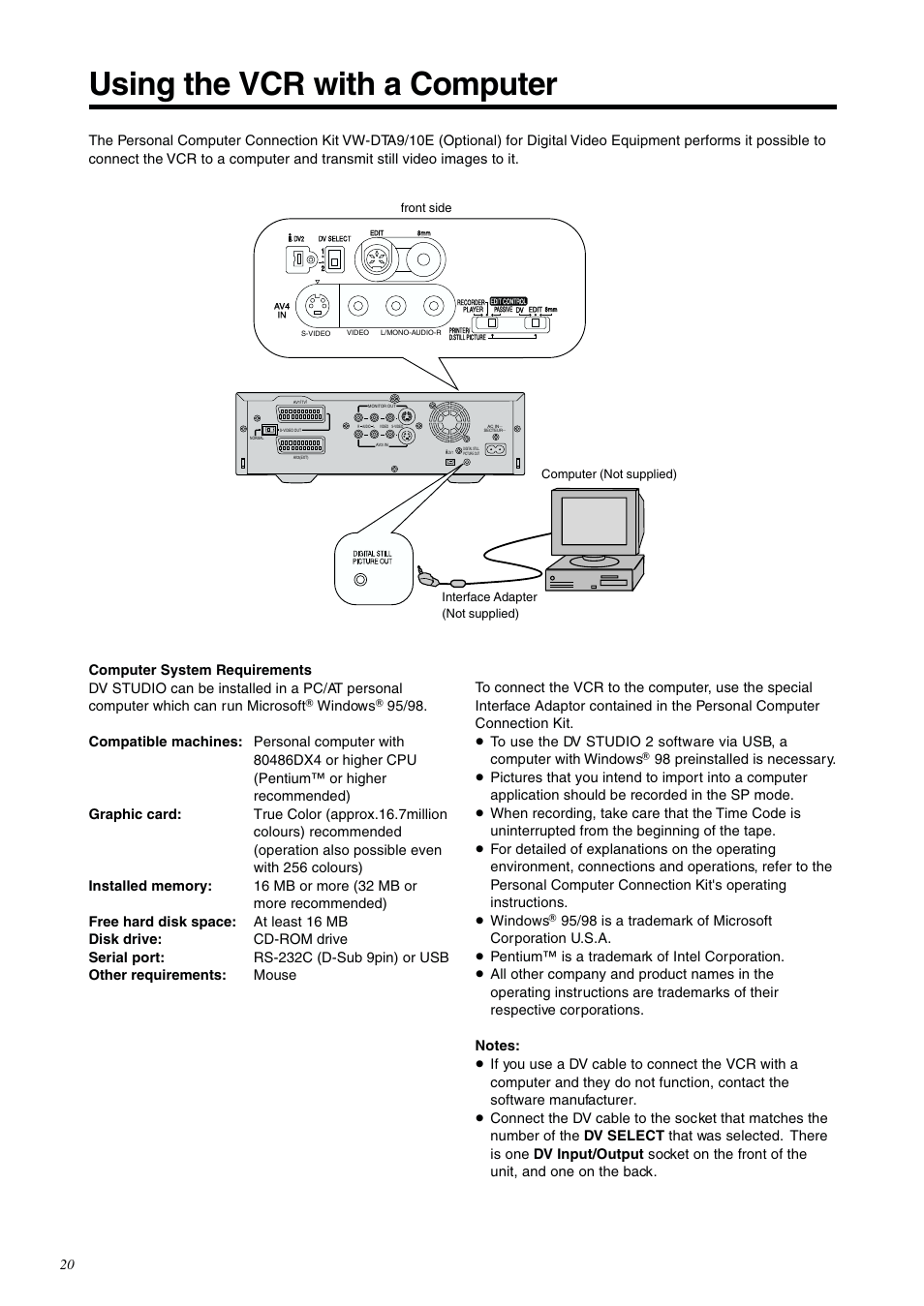Using the vcr with a computer | Panasonic NV-DV2000EC User Manual | Page 20 / 68