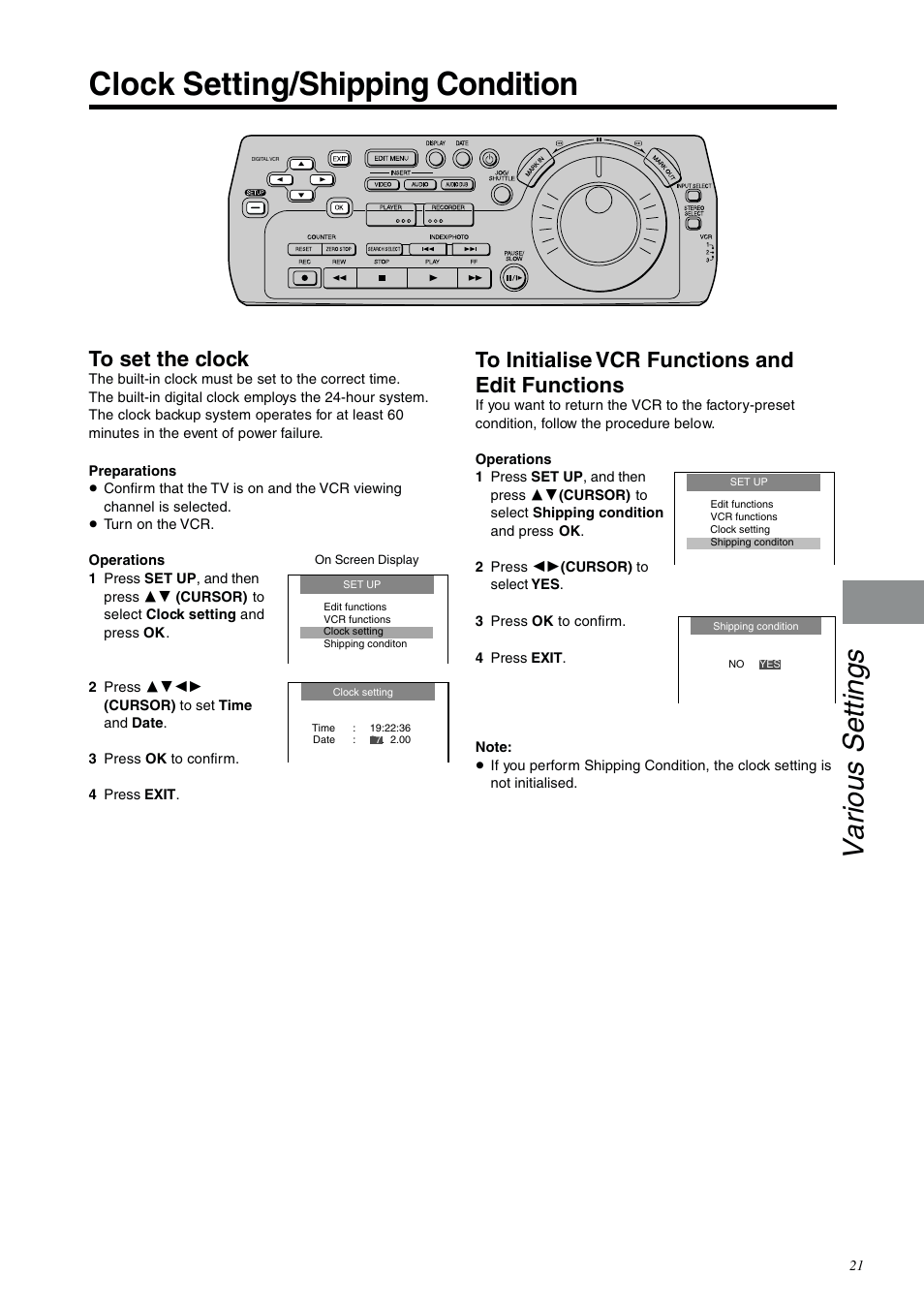 Various settings, Clock setting/shipping condition | Panasonic NV-DV2000EC User Manual | Page 21 / 68