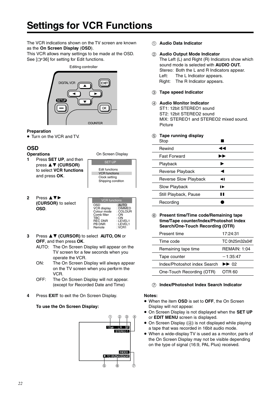 Settings for vcr functions | Panasonic NV-DV2000EC User Manual | Page 22 / 68