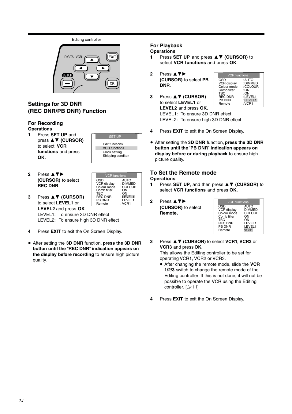 Settings for 3d dnr (rec dnr/pb dnr) function, For playback, For recording | Panasonic NV-DV2000EC User Manual | Page 24 / 68