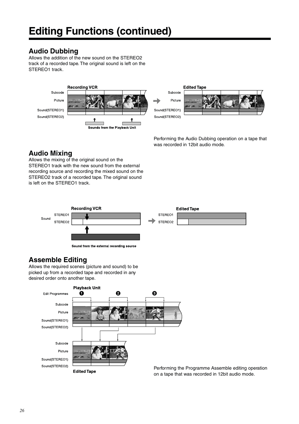 Editing functions (continued), Audio dubbing, Audio mixing | Assemble editing | Panasonic NV-DV2000EC User Manual | Page 26 / 68