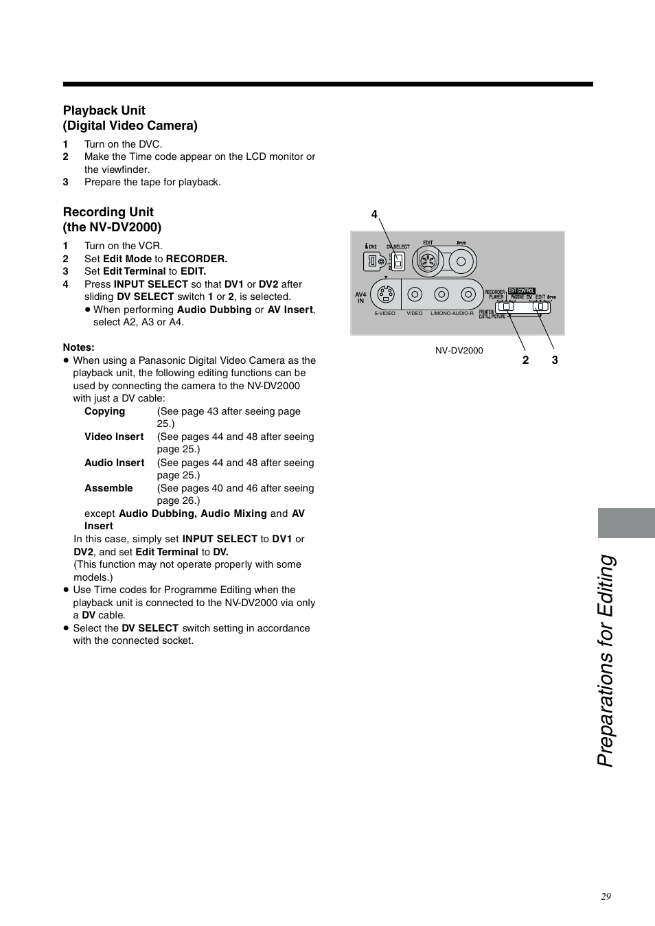 Preparations for editing, Playback unit (digital video camera), Recording unit (the nv-dv2000) | Panasonic NV-DV2000EC User Manual | Page 29 / 68