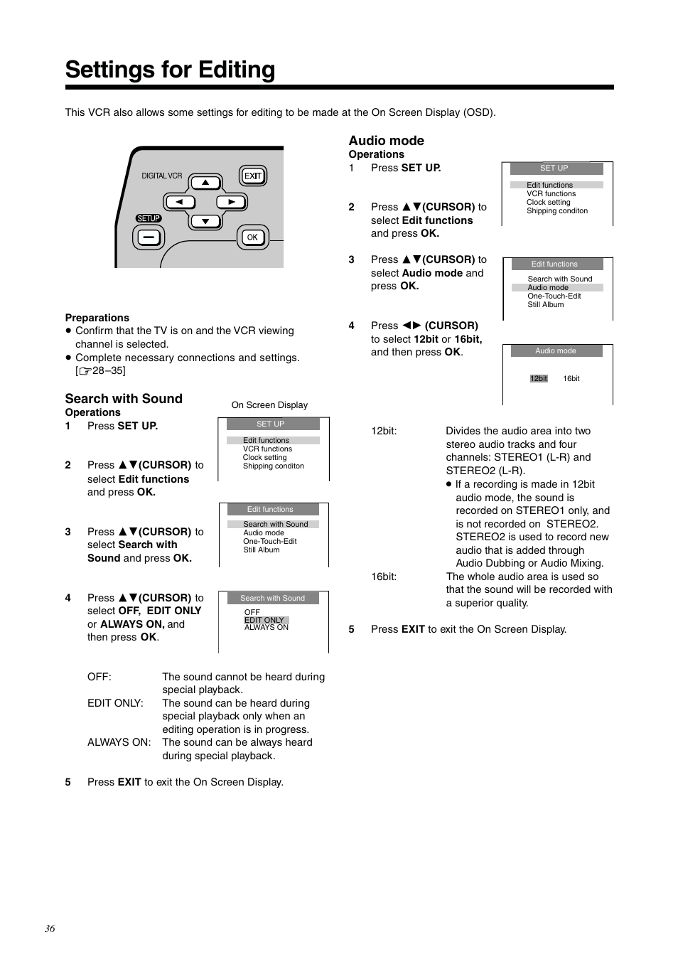 Settings for editing, Search with sound, Audio mode | Panasonic NV-DV2000EC User Manual | Page 36 / 68