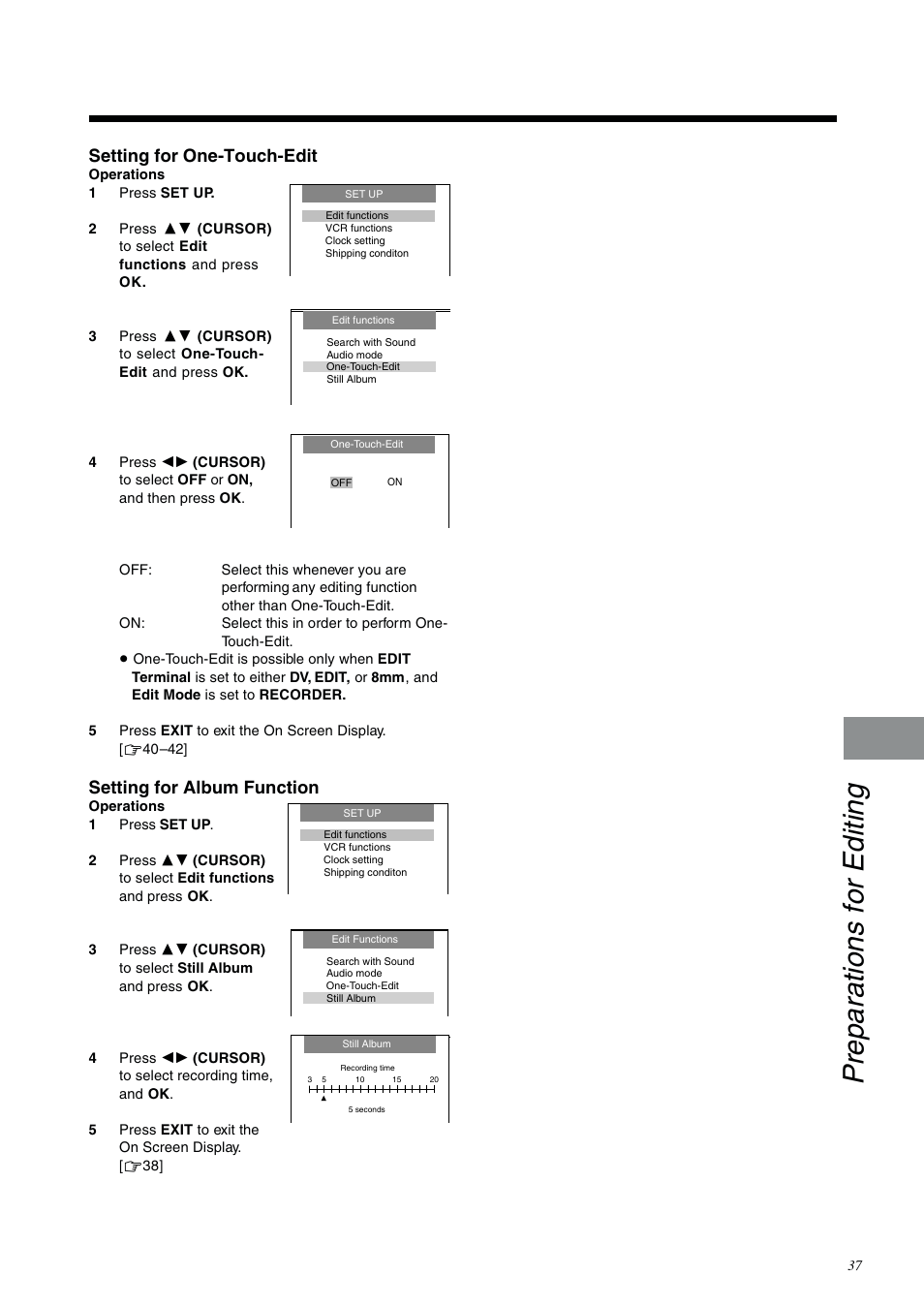 Preparations for editing, Setting for one-touch-edit, Setting for album function | Panasonic NV-DV2000EC User Manual | Page 37 / 68