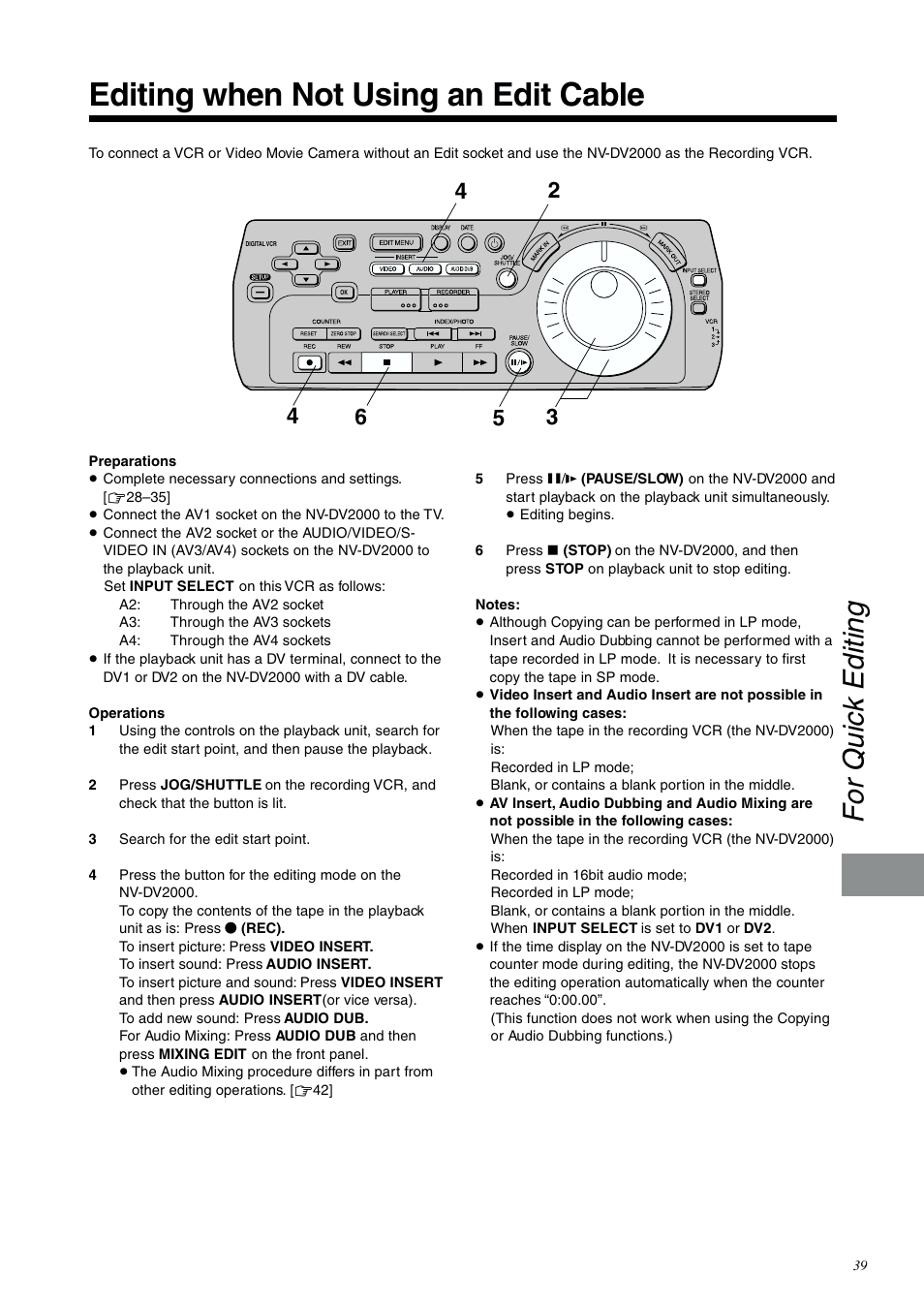 Editing when not using an edit cable, For quick editing | Panasonic NV-DV2000EC User Manual | Page 39 / 68