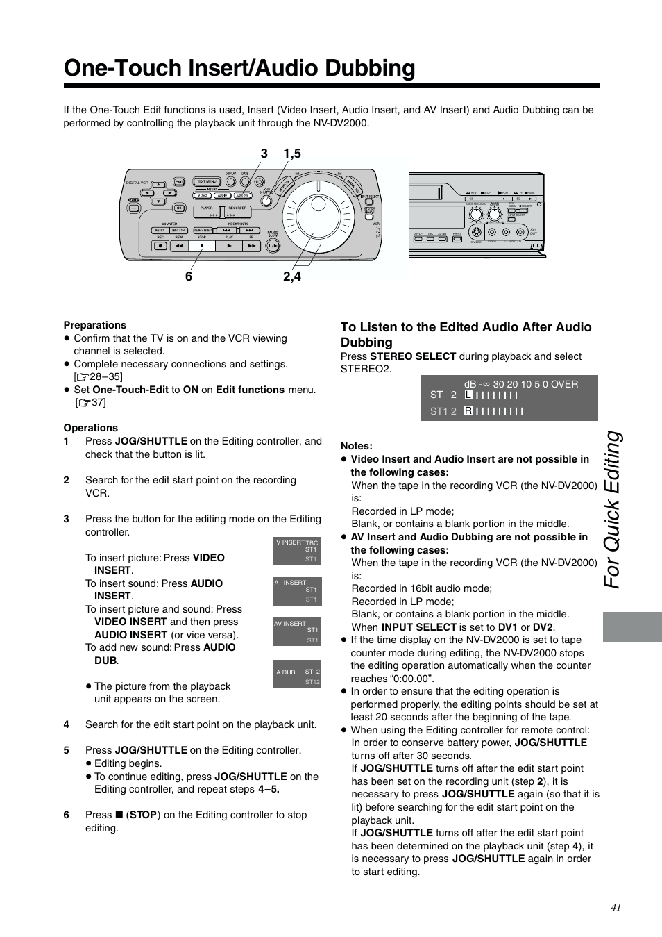 One-touch insert/audio dubbing, For quick editing | Panasonic NV-DV2000EC User Manual | Page 41 / 68
