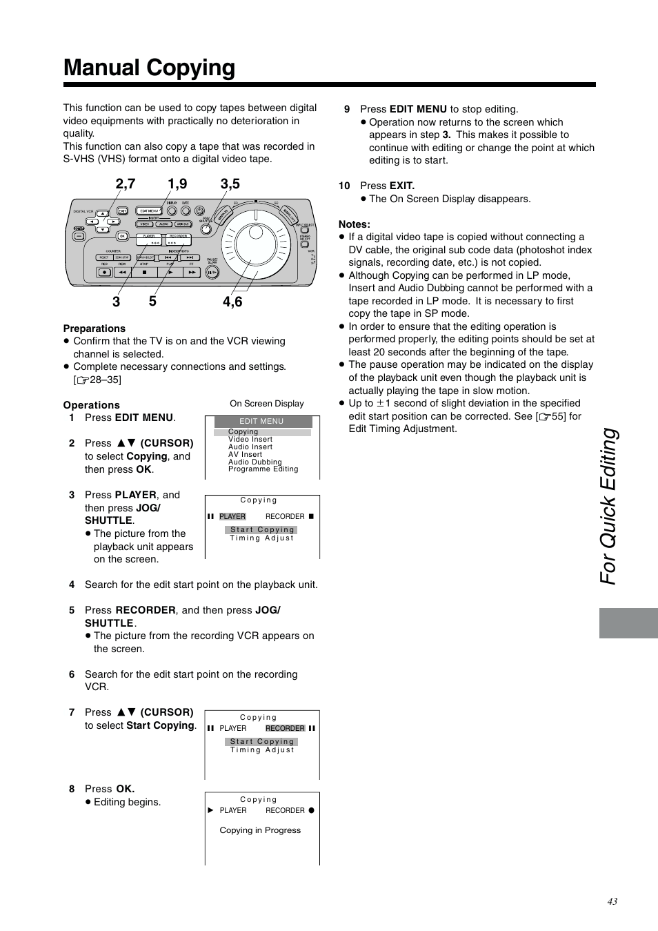 Manual copying, For quick editing | Panasonic NV-DV2000EC User Manual | Page 43 / 68