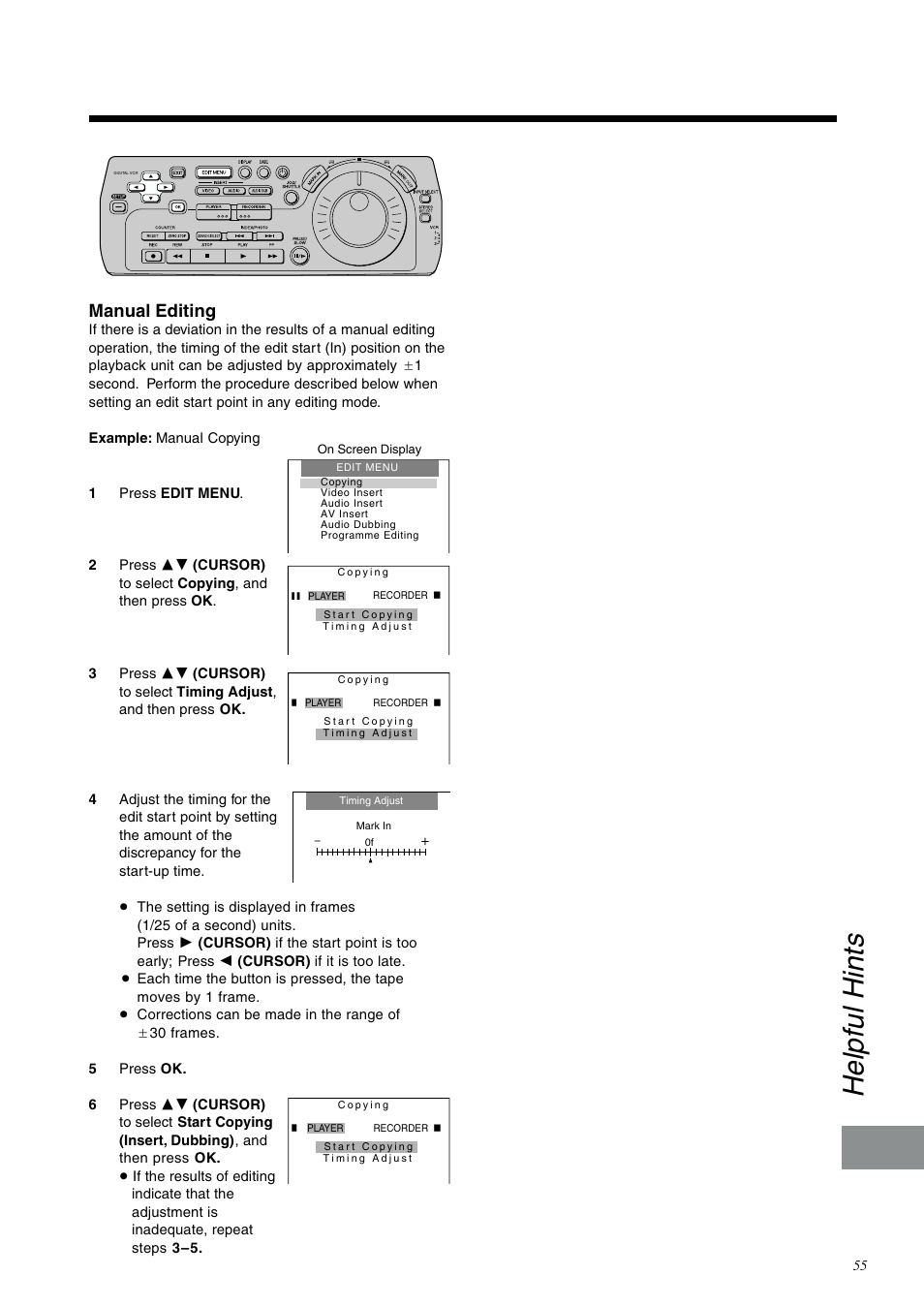 Helpful hints, Manual editing | Panasonic NV-DV2000EC User Manual | Page 55 / 68