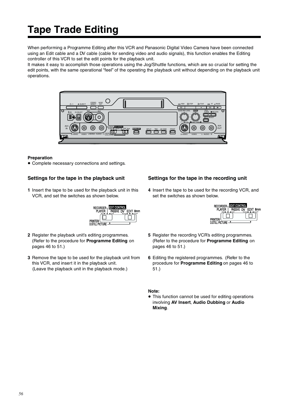 Tape trade editing, Settings for the tape in the playback unit, Settings for the tape in the recording unit | Panasonic NV-DV2000EC User Manual | Page 56 / 68
