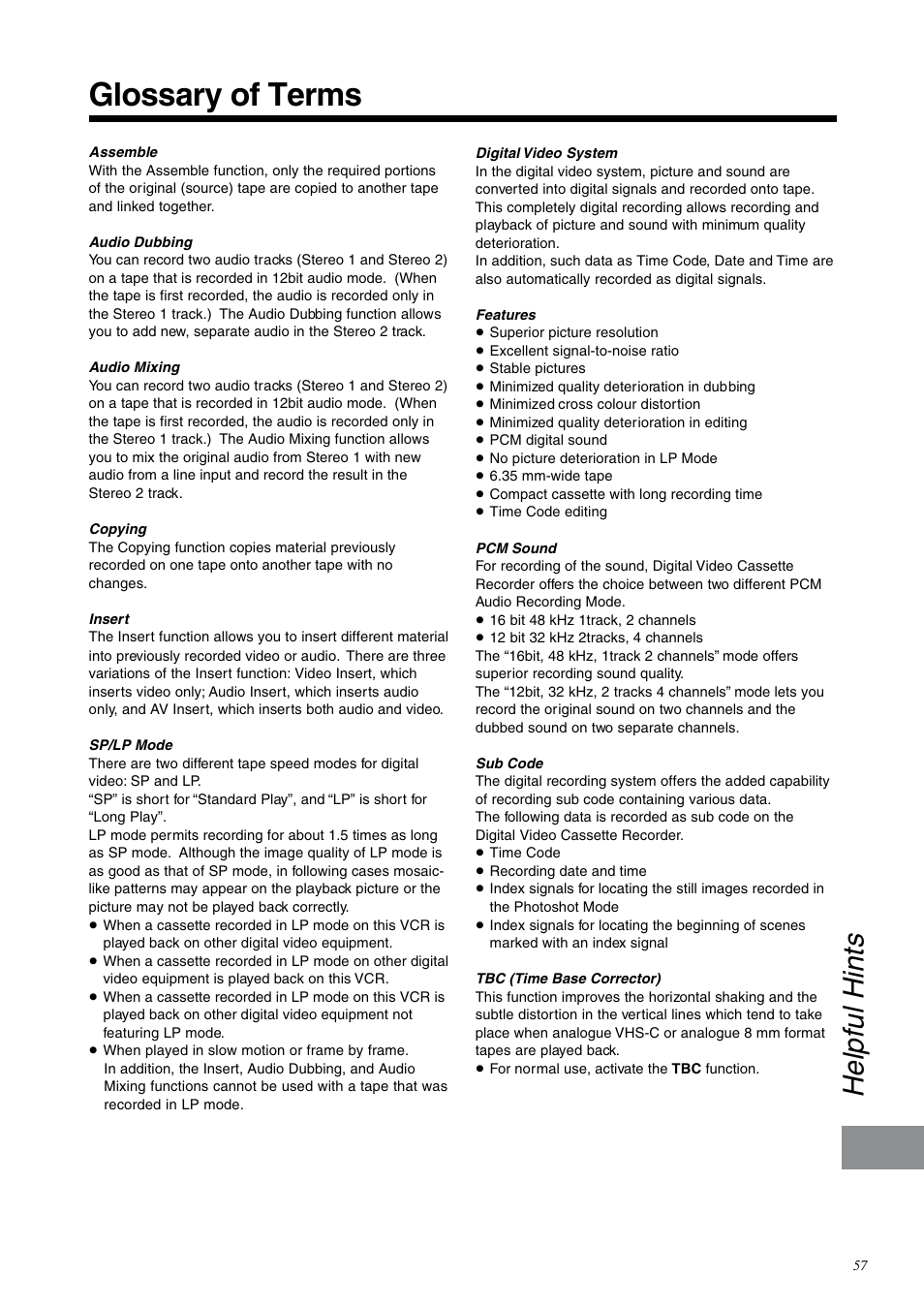 Glossary of terms, Helpful hints | Panasonic NV-DV2000EC User Manual | Page 57 / 68
