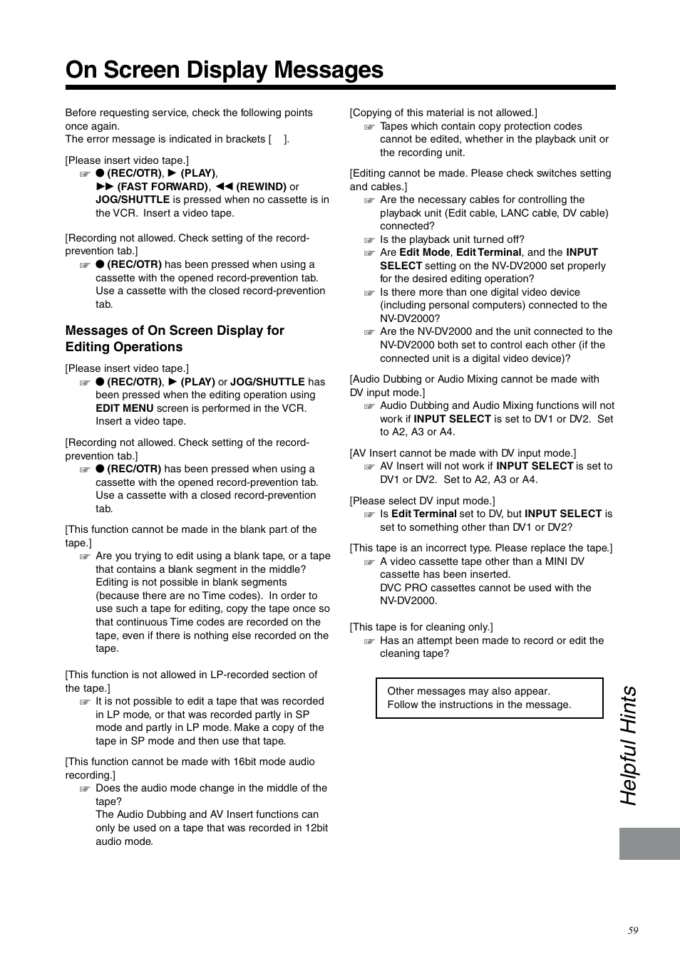 On screen display messages, Helpful hints | Panasonic NV-DV2000EC User Manual | Page 59 / 68