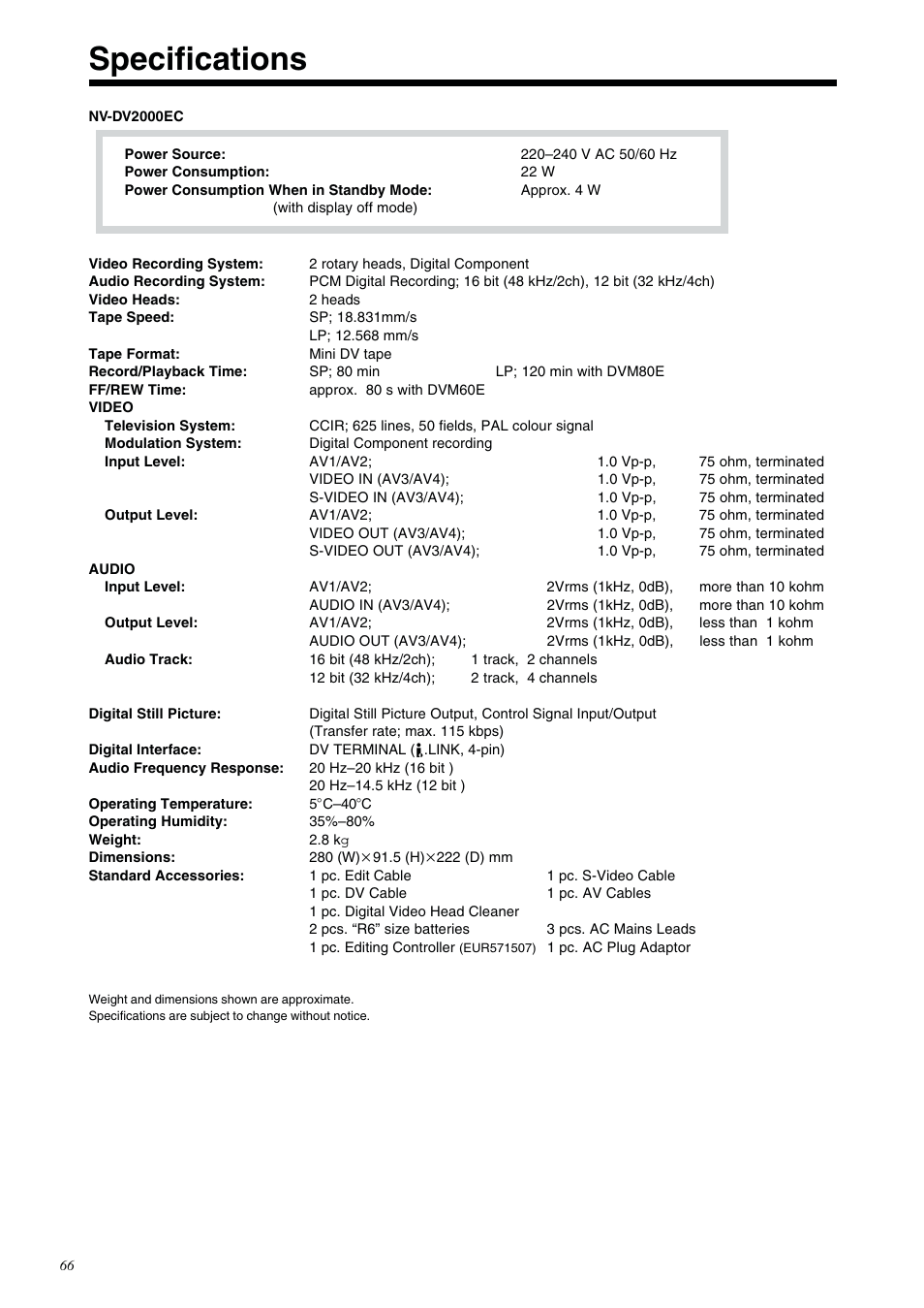 Specifications | Panasonic NV-DV2000EC User Manual | Page 66 / 68