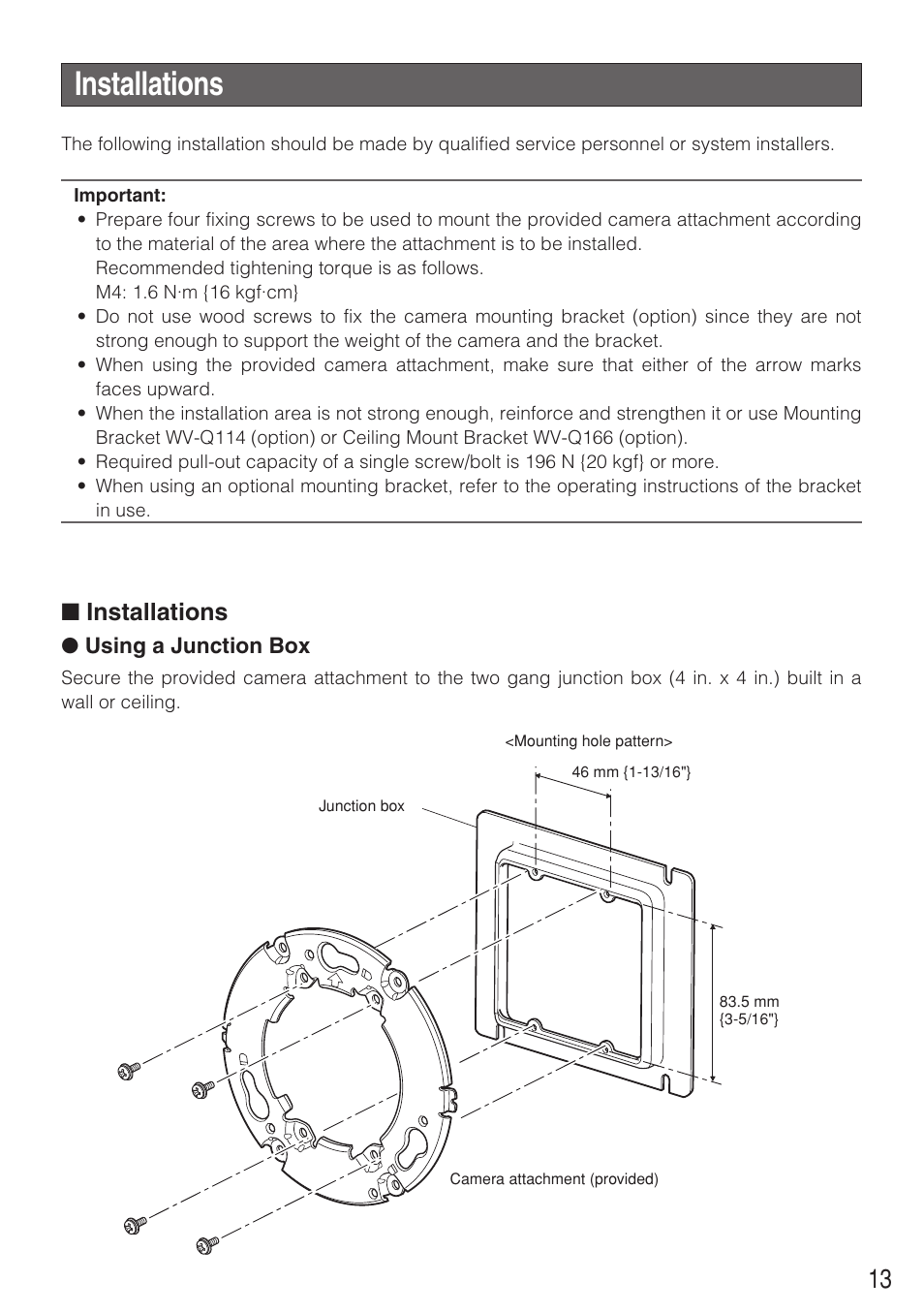 Installations | Panasonic WV-CW484F User Manual | Page 13 / 50