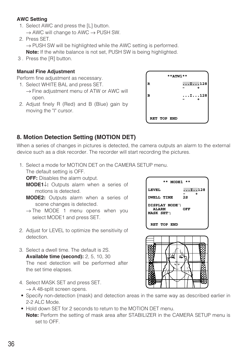 Motion detection setting (motion det) | Panasonic WV-CW484F User Manual | Page 36 / 50