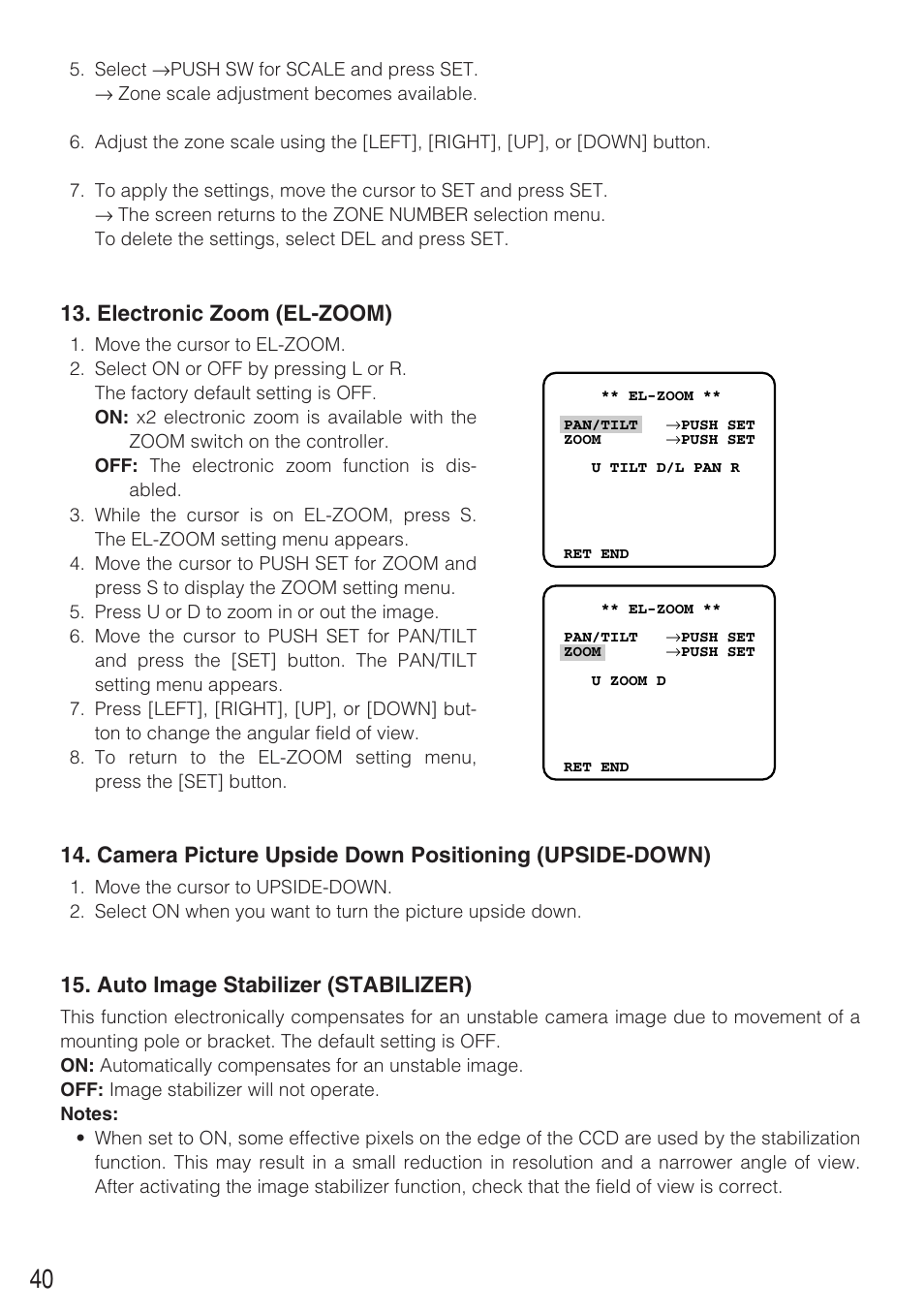 Electronic zoom (el-zoom), Auto image stabilizer (stabilizer) | Panasonic WV-CW484F User Manual | Page 40 / 50