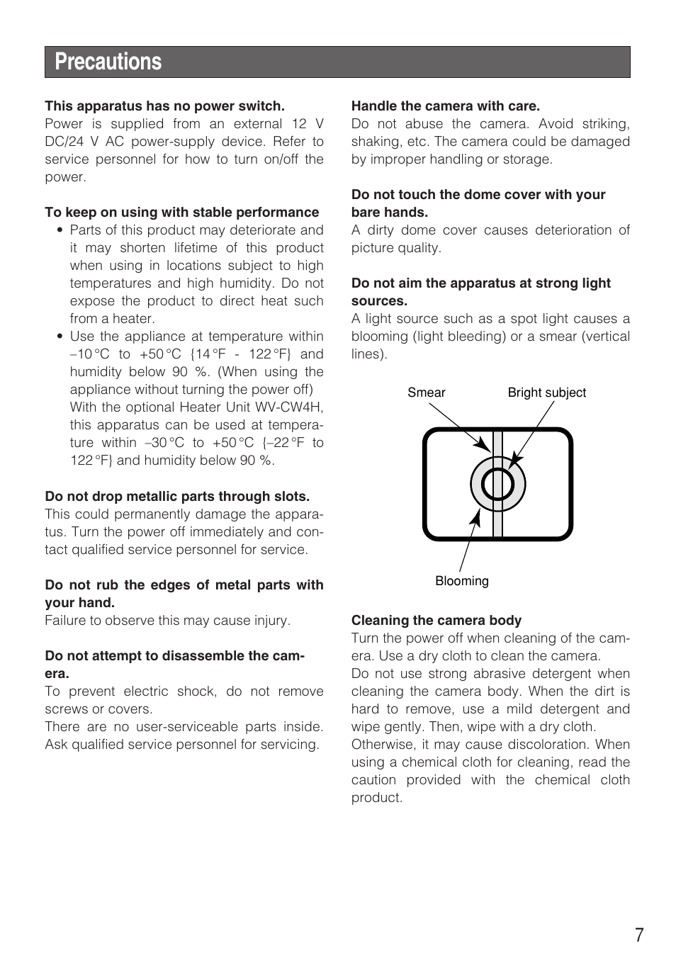 Precautions | Panasonic WV-CW484F User Manual | Page 7 / 50