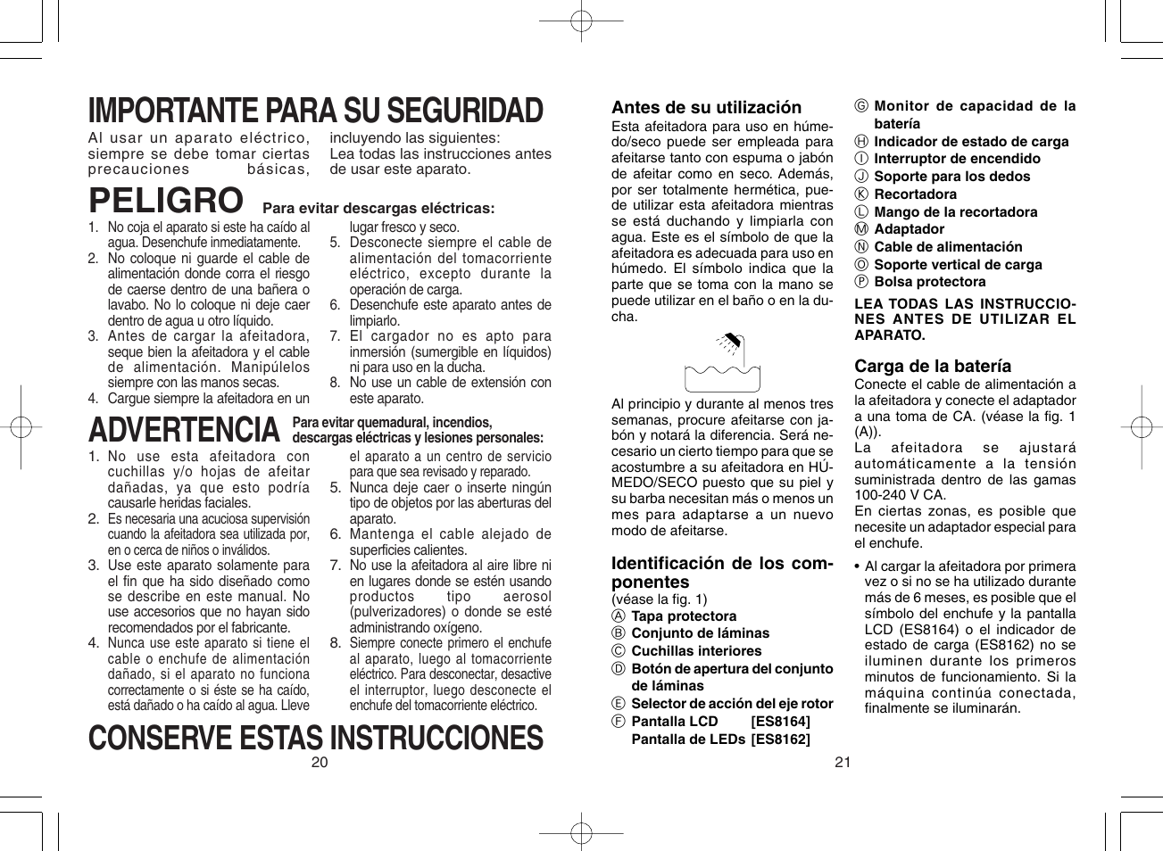 Espanol, Importante para su seguridad, Peligro | Advertencia, Conserve estas instrucciones | Panasonic ES8164 User Manual | Page 11 / 14