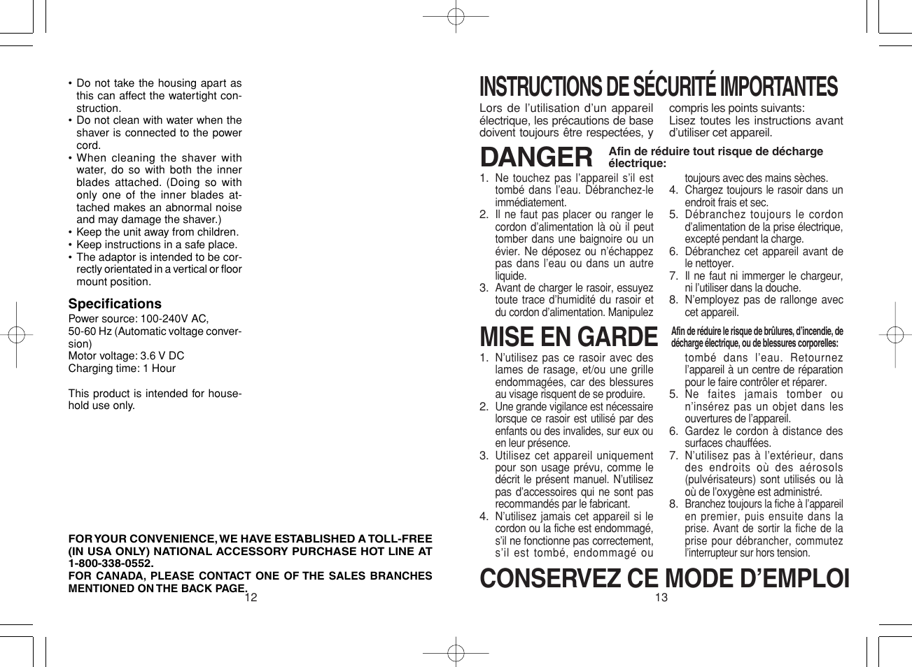 Francais, Instructions de sécurité importantes, Danger | Mise en garde, Conservez ce mode d’emploi | Panasonic ES8164 User Manual | Page 7 / 14